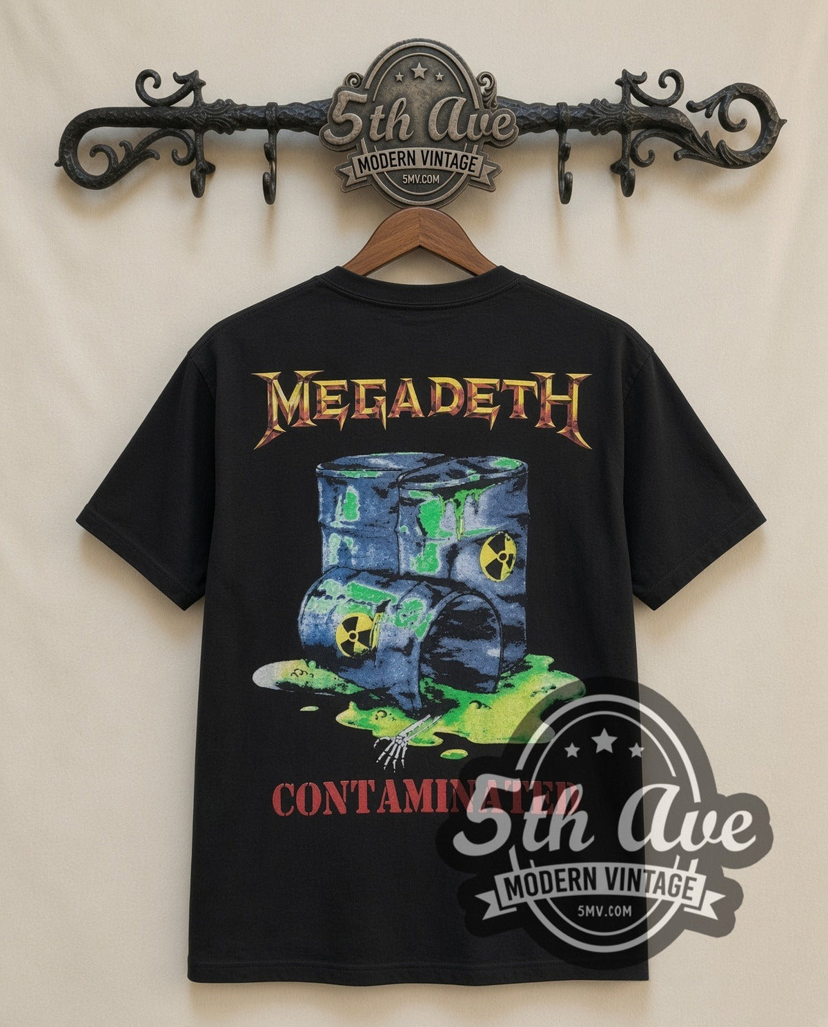 Megadeth Skeleton Stage vintage band t-shirt, back view on a display rack