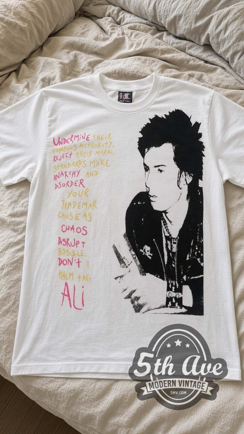 Sid Vicious Your Friends vintage band t-shirt in white laid flat on a bed, front artwork