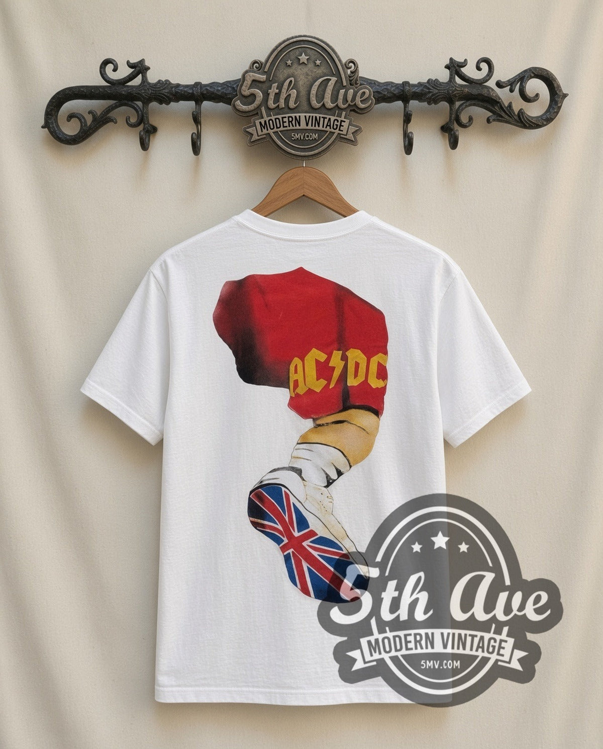 AC/DC Angus Suit vintage band t-shirt in white, back view on the 5MV rack