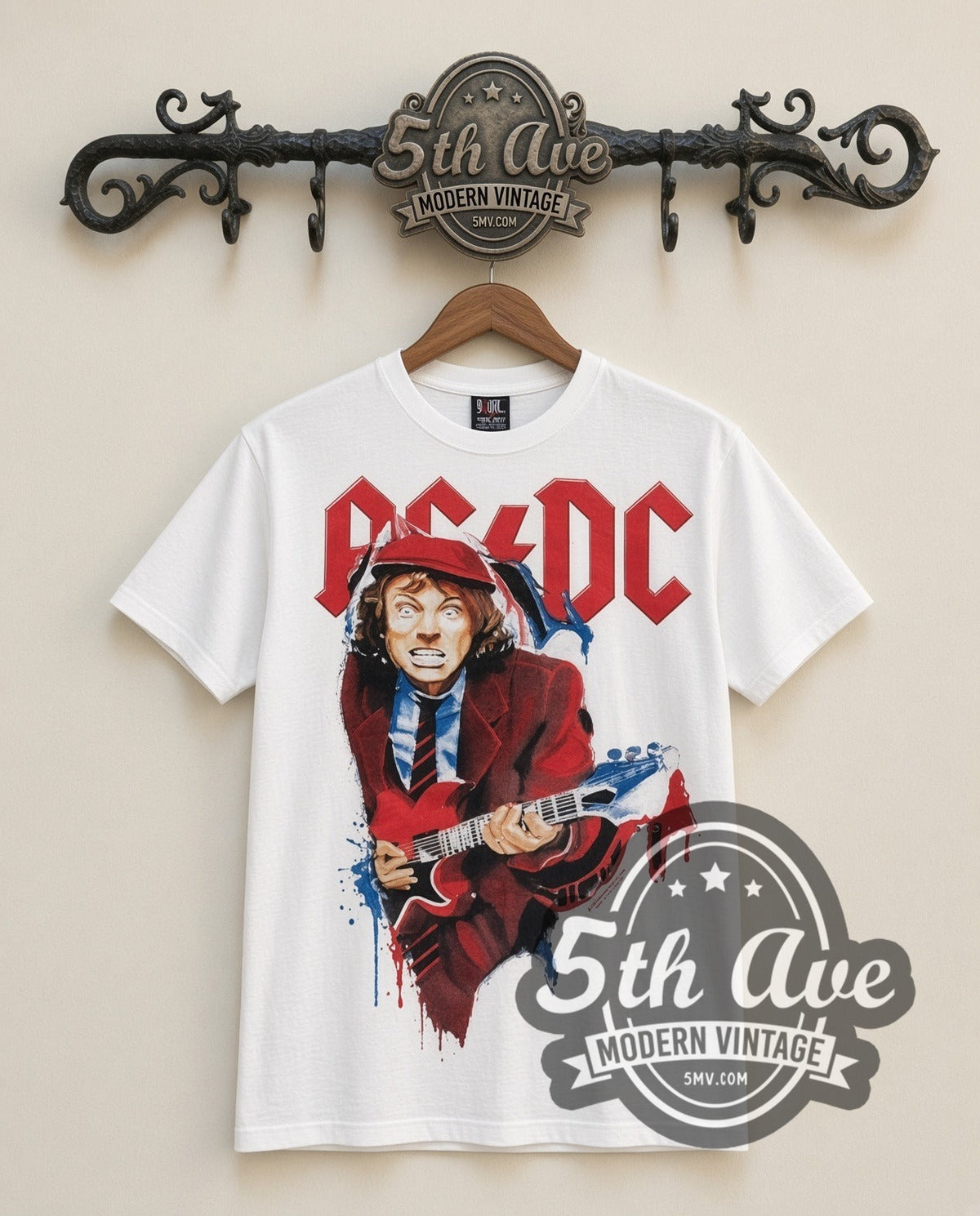 AC/DC Angus Suit vintage band t-shirt in white, front view on the 5MV rack