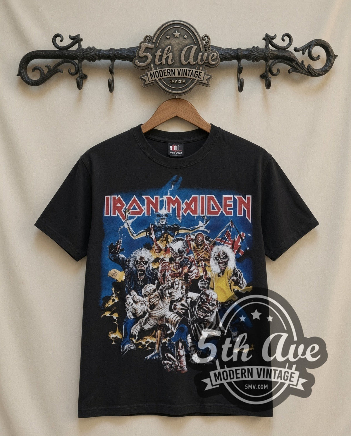 Iron Maiden Character Collage vintage band t-shirt in black, front view on the 5MV rack