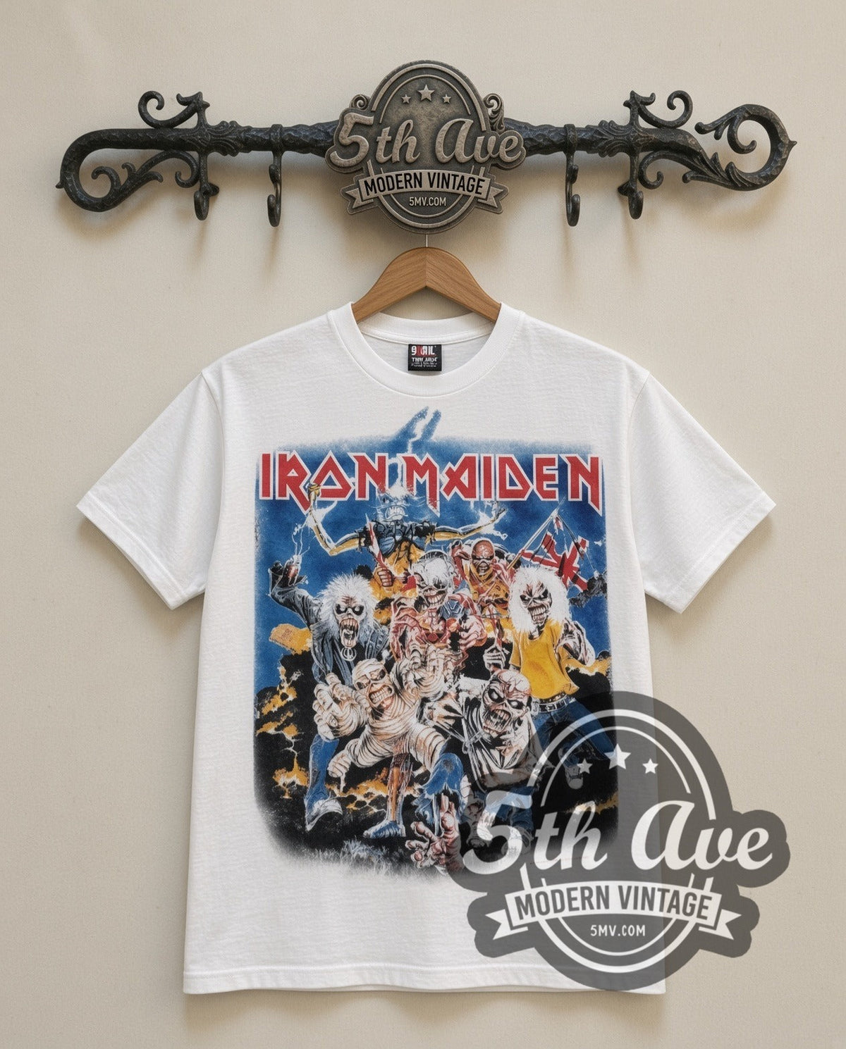 Iron Maiden Character Collage vintage band t-shirt in white, front view on the 5MV rack
