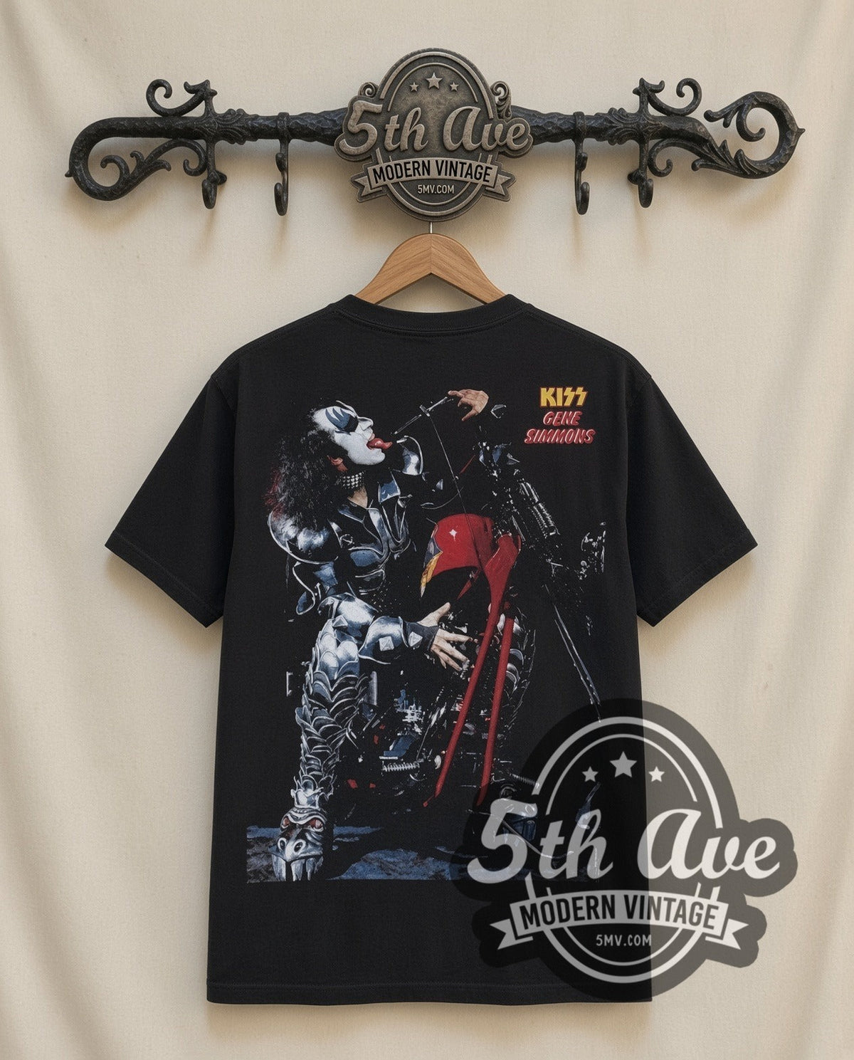 KISS Motorcycles vintage band t-shirt in black, back view on the 5MV rack
