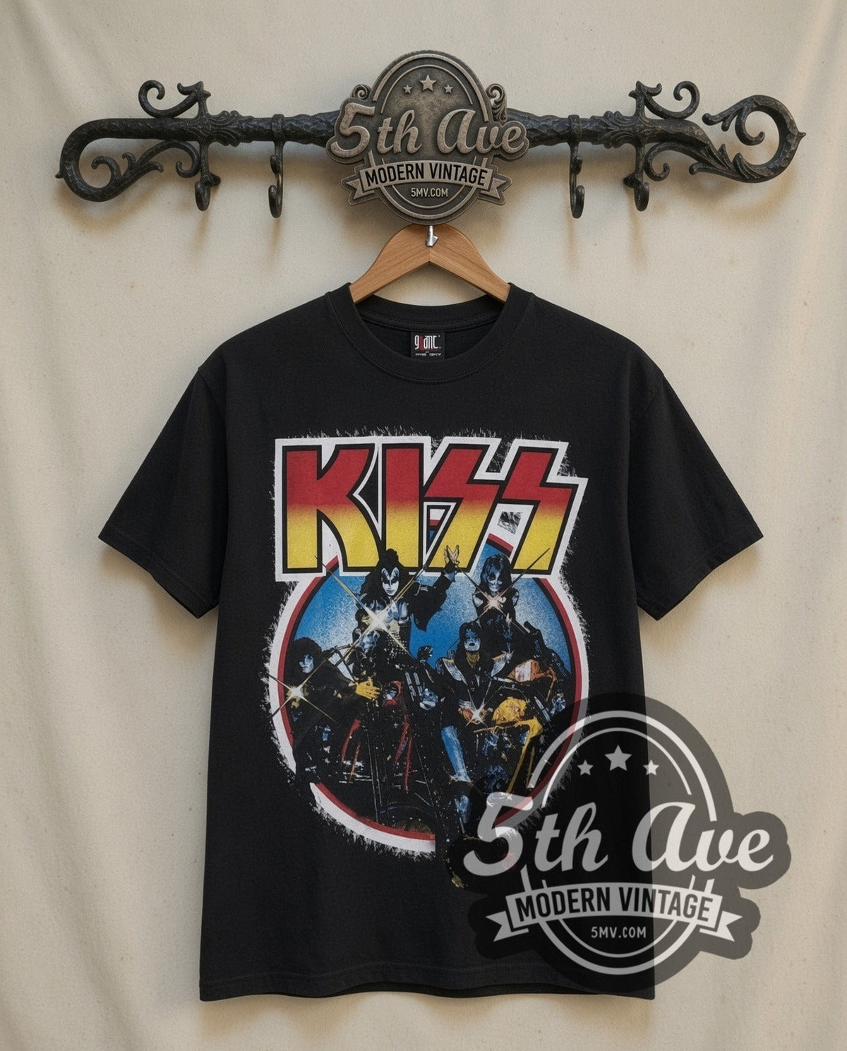 KISS Motorcycles vintage band t-shirt in black, front view on the 5MV rack