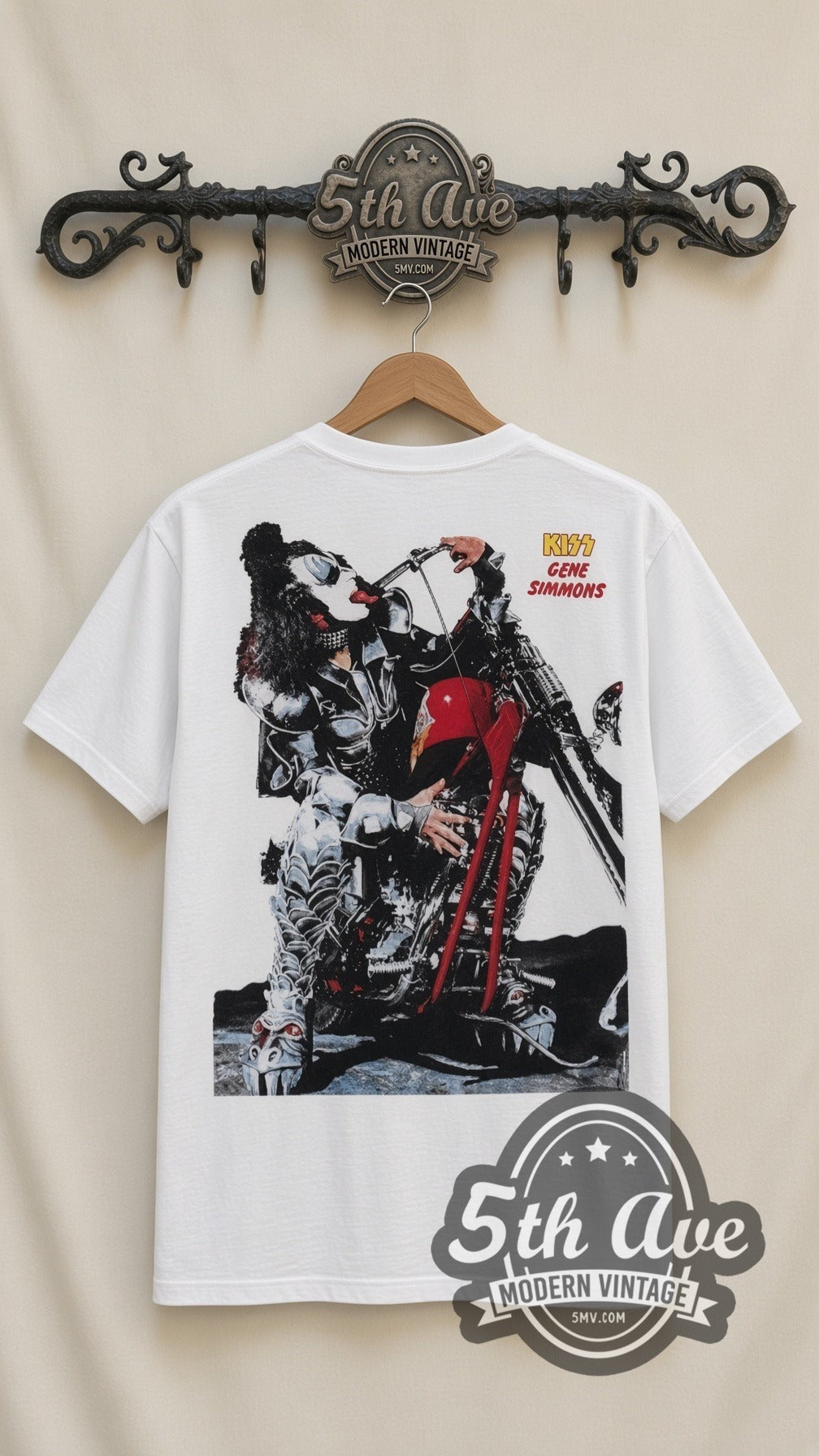 KISS Motorcycles vintage band t-shirt in white, back view on the 5MV rack