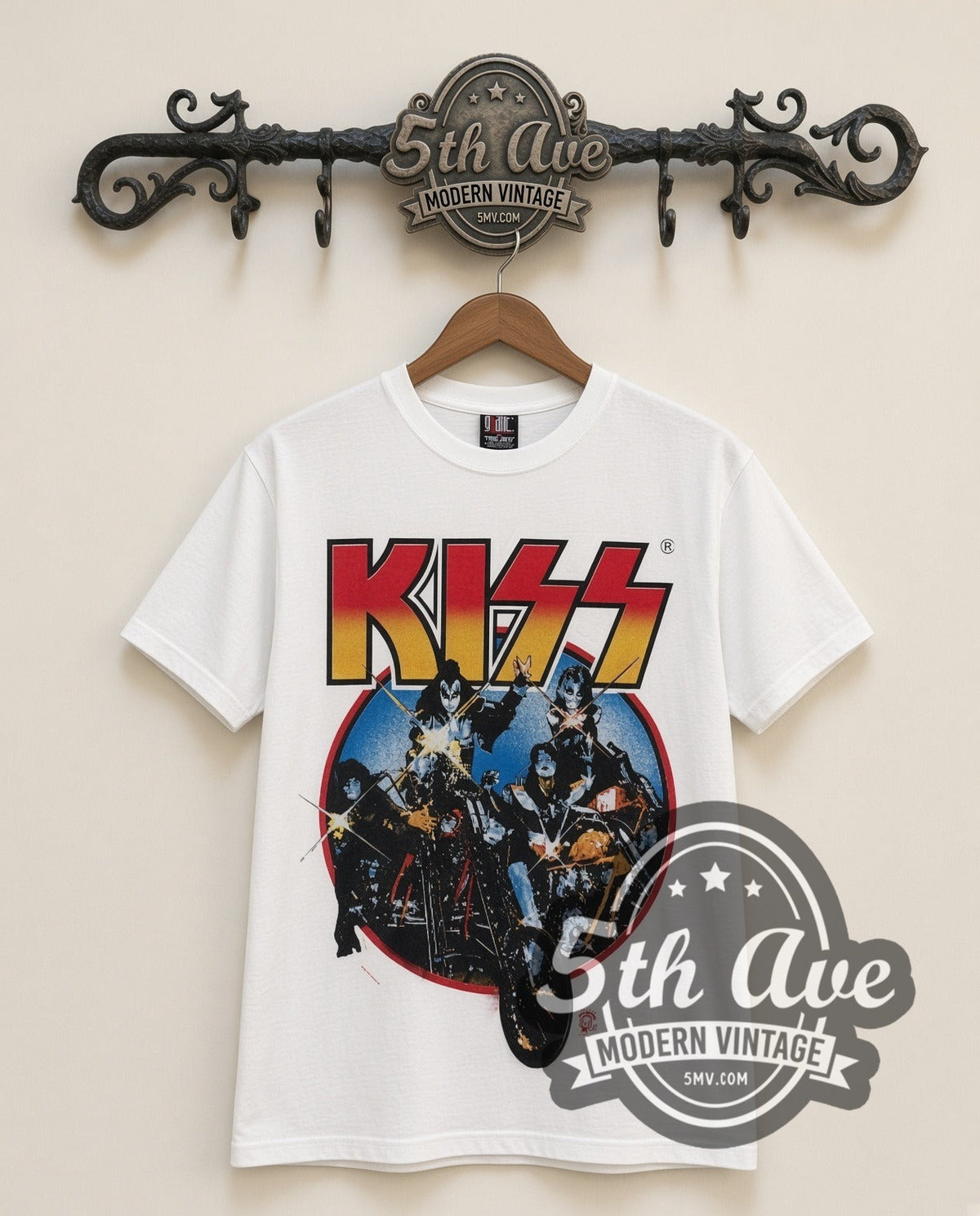 KISS Motorcycles vintage band t-shirt in white, front view on the 5MV rack