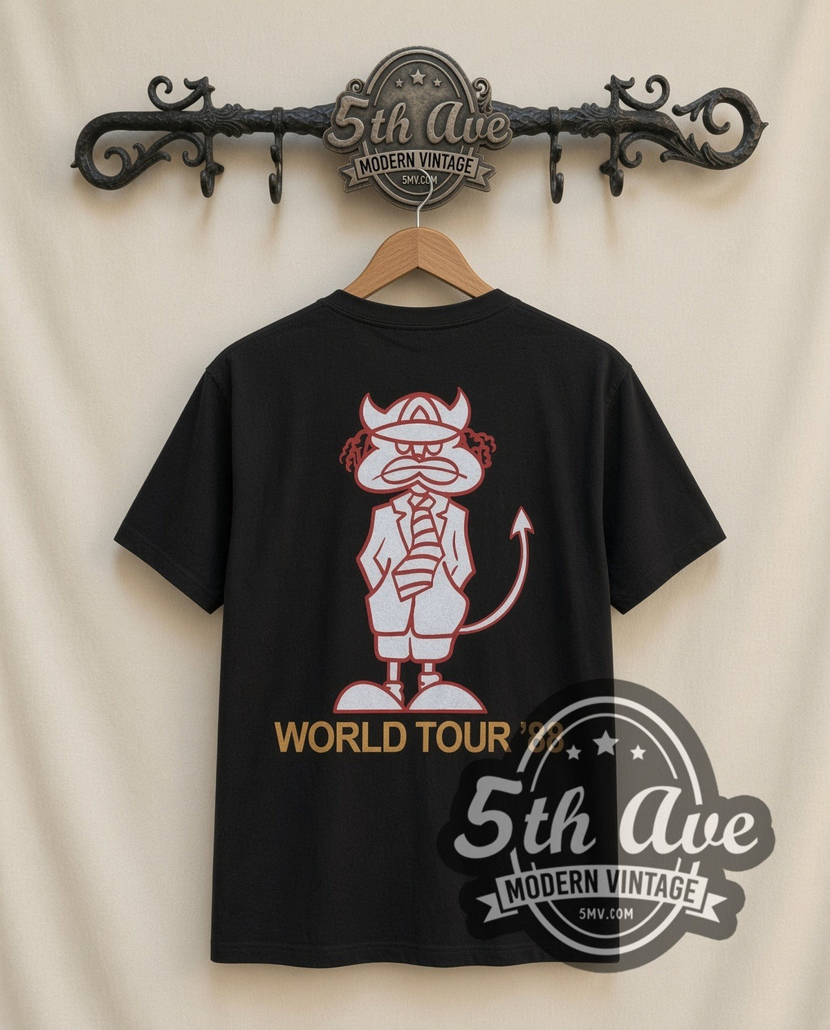 AC/DC Blow Up Your Video vintage band t-shirt in black, back view on a display rack