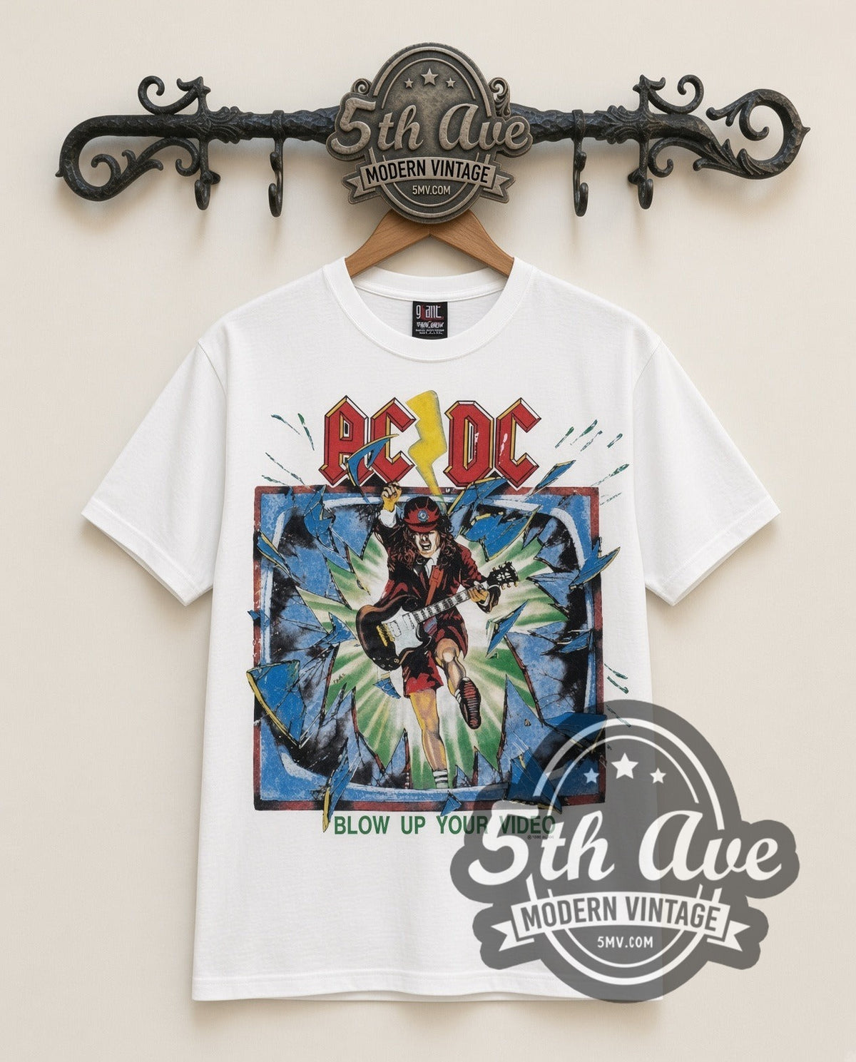 AC/DC Blow Up Your Video vintage band t-shirt in white, front view on the 5MV rack