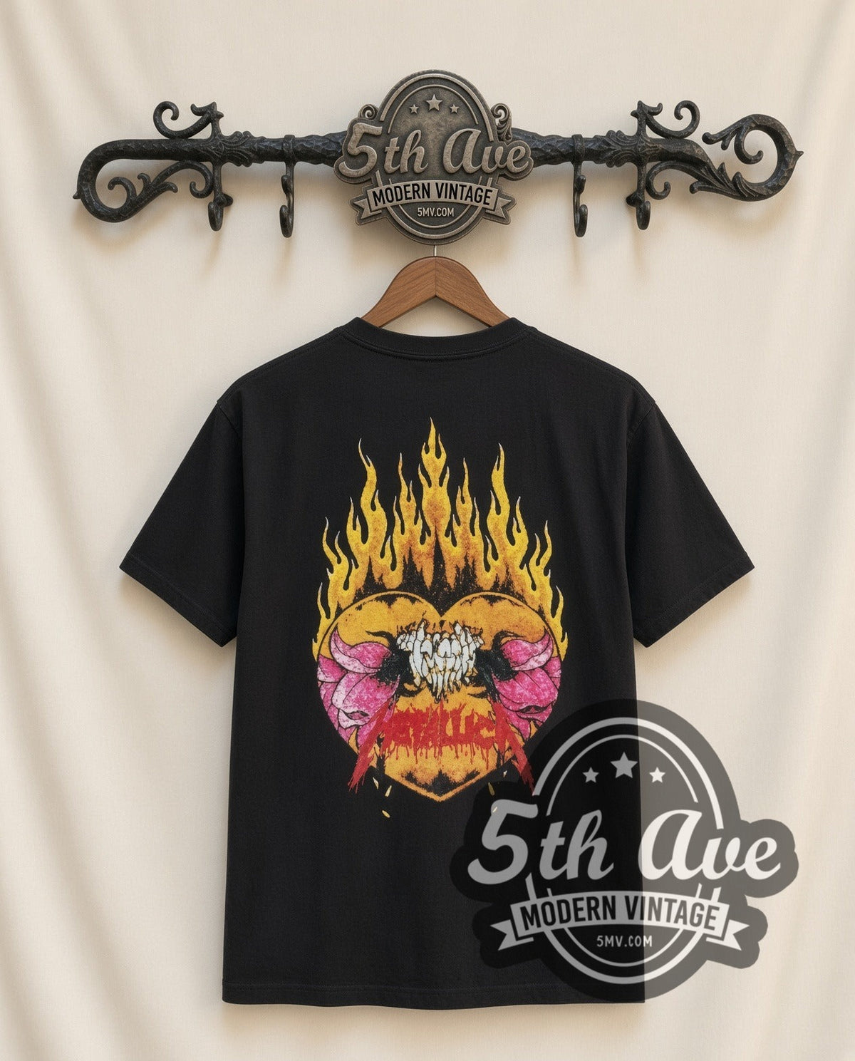 Metallica Flower Skull vintage band t-shirt in black, back view on a display rack