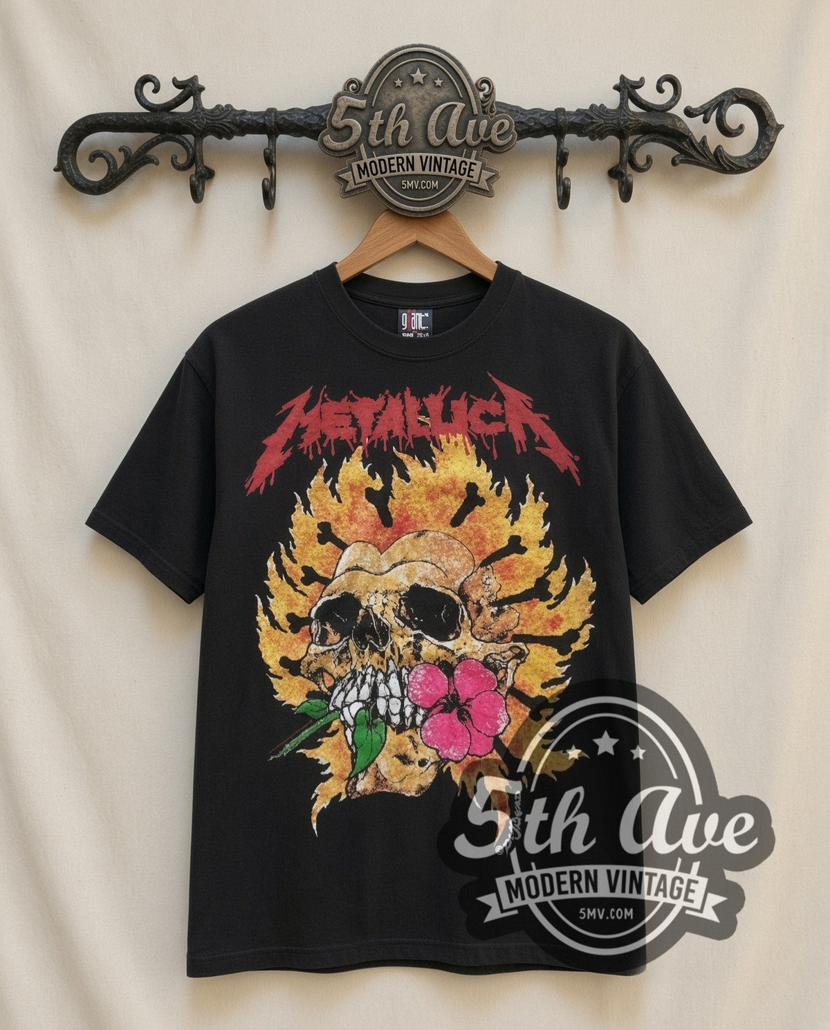 Metallica Flower Skull vintage band t-shirt in black, front view on a display rack