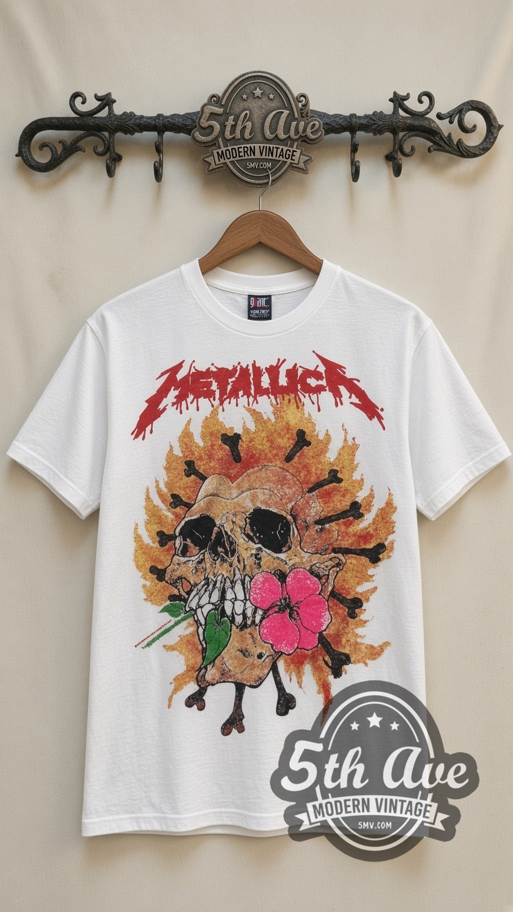 Metallica Flower Skull vintage band t-shirt in white, front view on the 5MV rack
