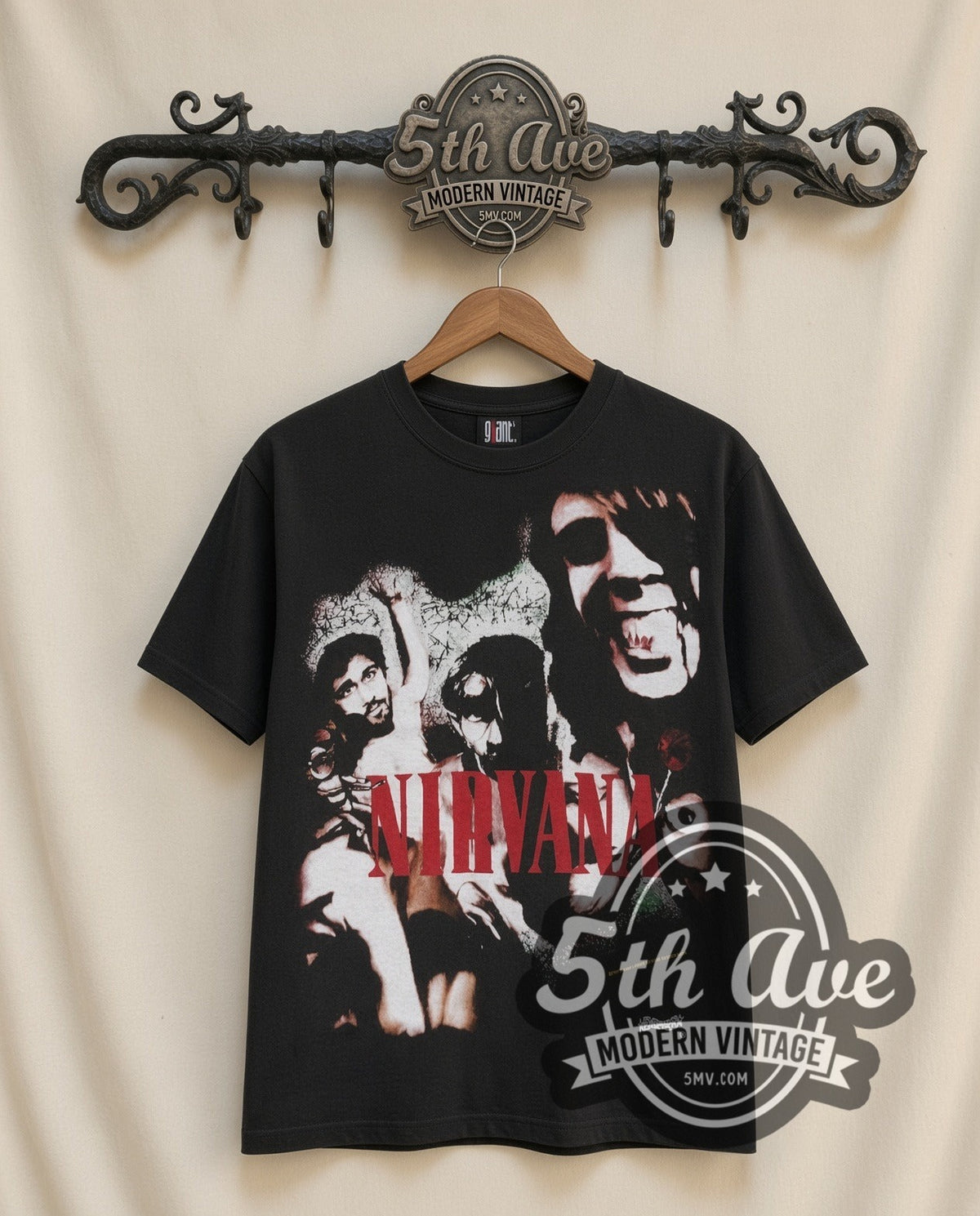 Nirvana Red Logo Band vintage band t-shirt in black, front view on the 5MV rack