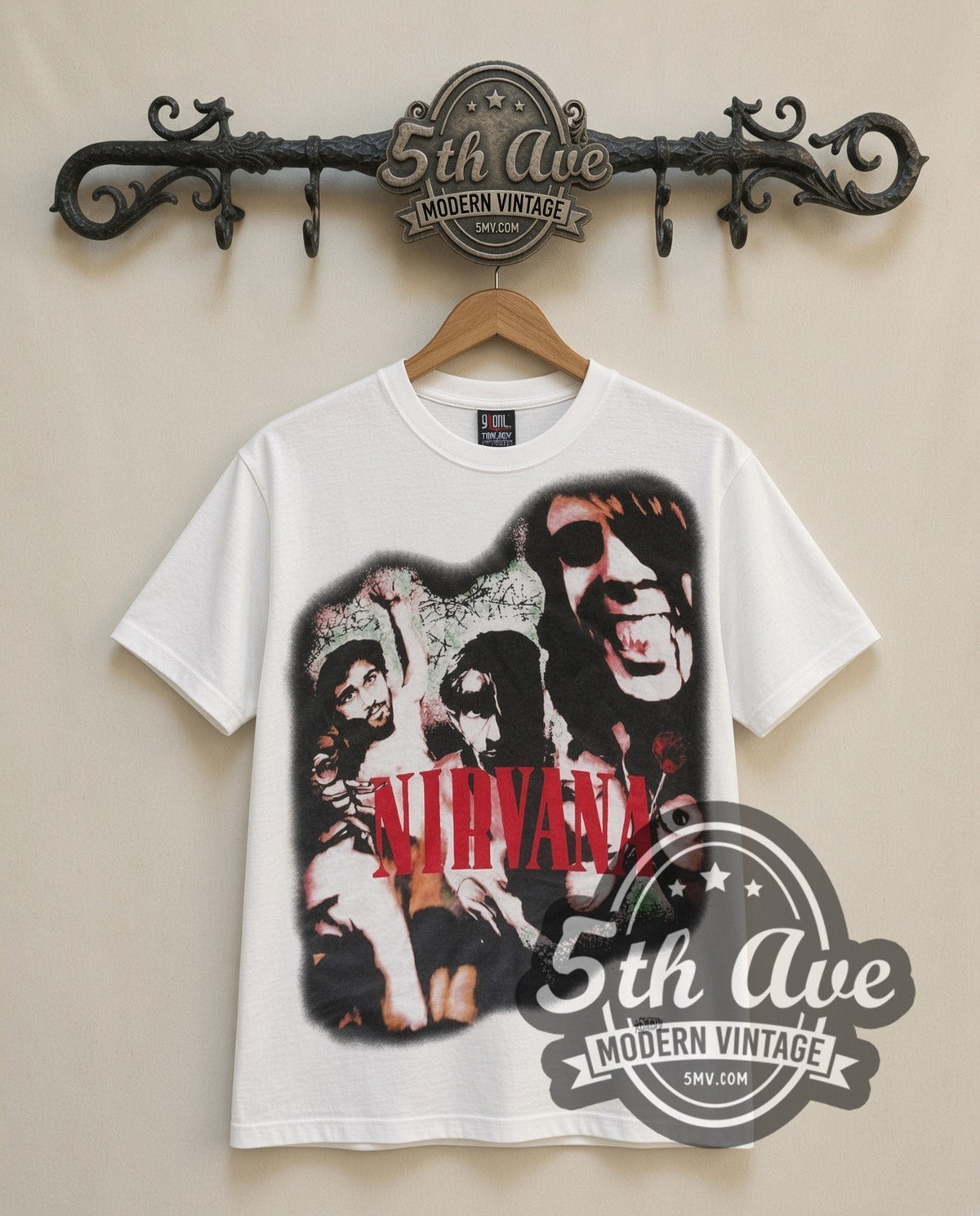 Nirvana Red Logo Band vintage band t-shirt in white, front view on the 5MV rack
