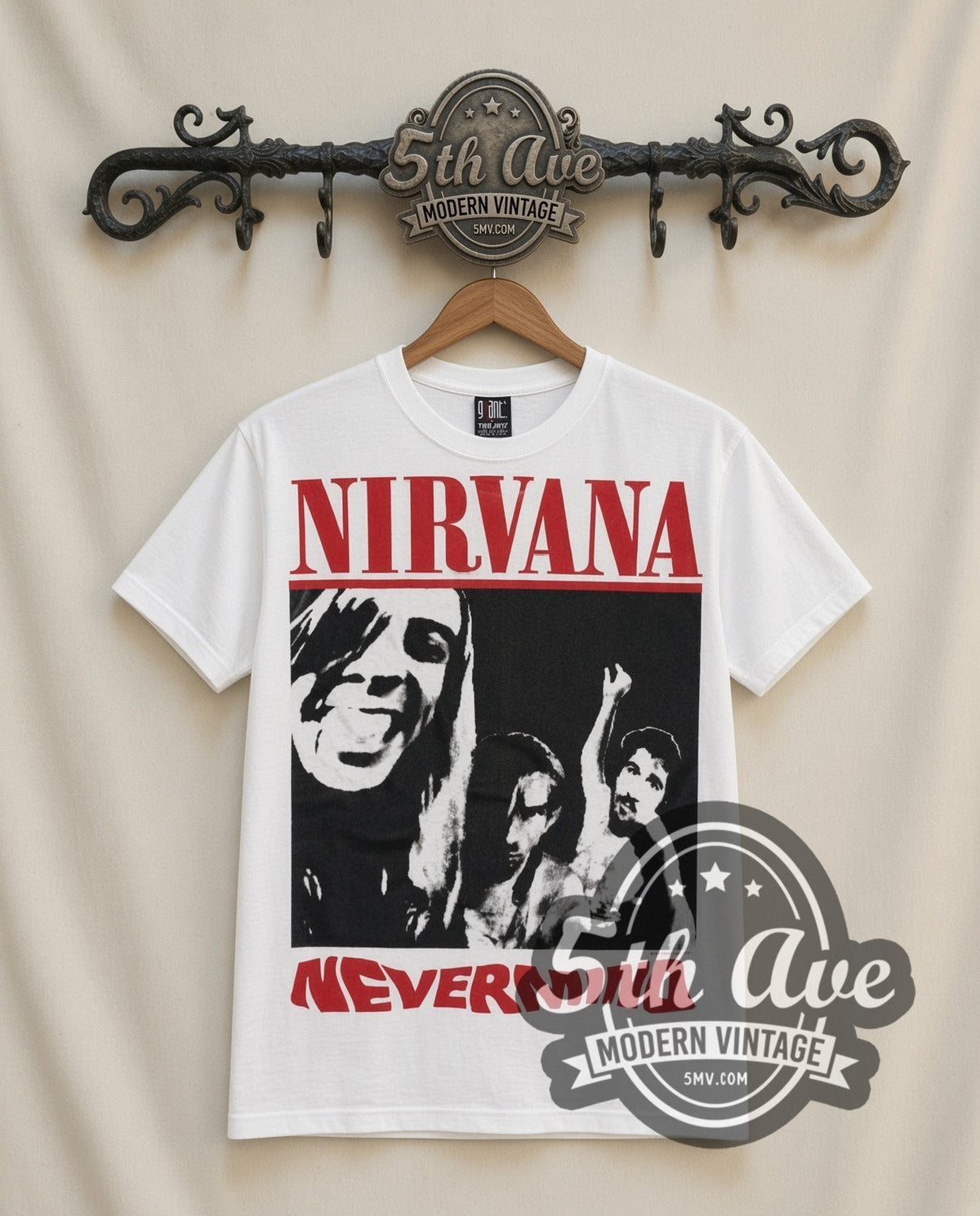 Nirvana Nevermind vintage band t-shirt in white, front view on the 5MV rack