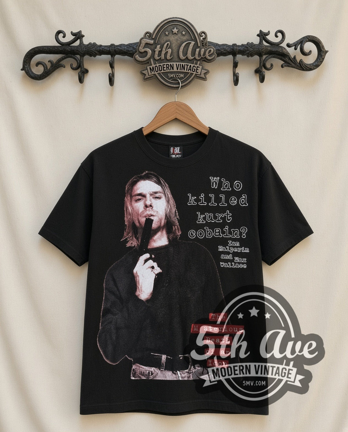 Nirvana Who Killed Kurt vintage band t-shirt in black, front view on a display rack