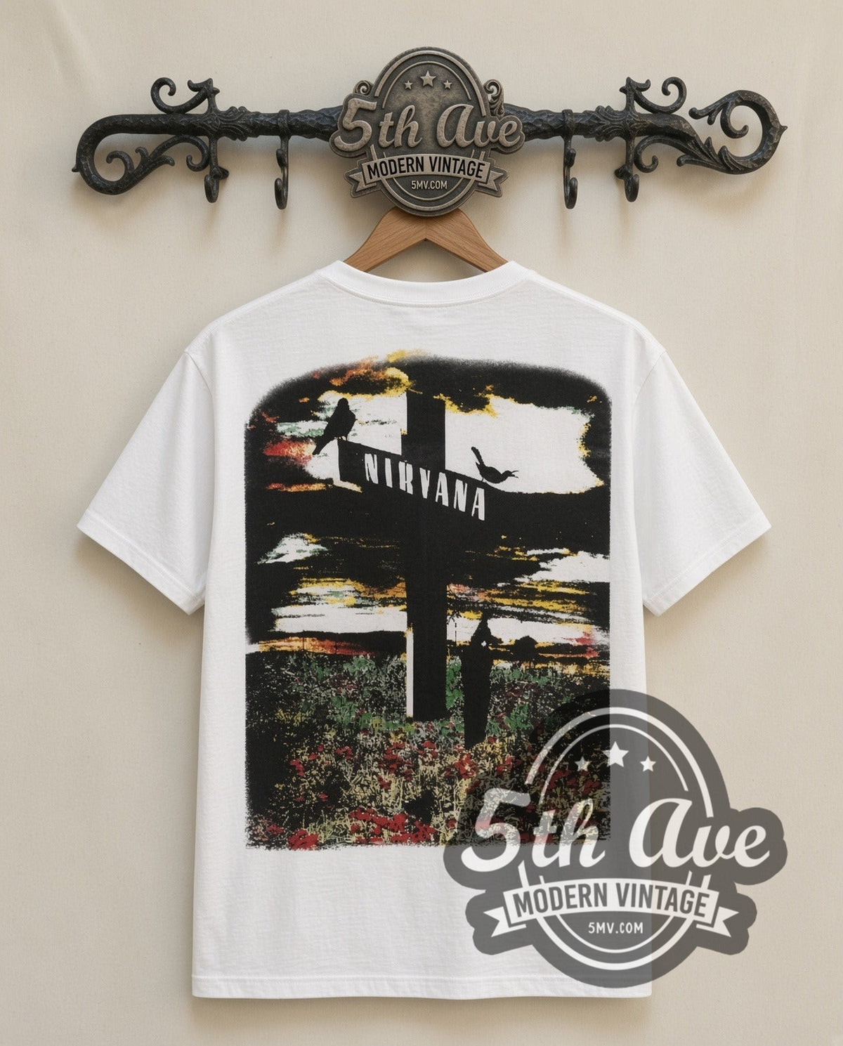 Nirvana Who Killed Kurt vintage band t-shirt in white, back view on the 5MV rack