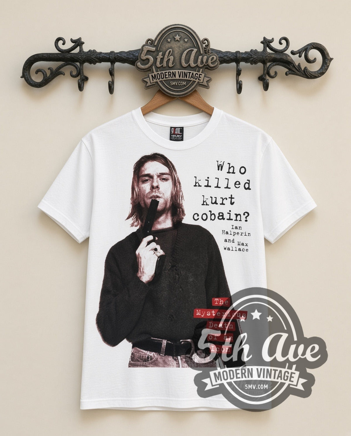 Nirvana Who Killed Kurt vintage band t-shirt in white, front view on the 5MV rack
