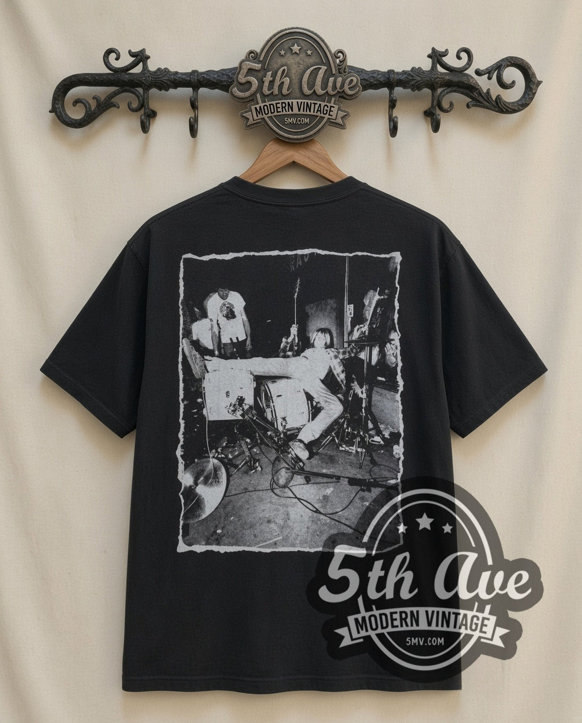 Kurt Cobain Chair vintage band t-shirt in black, back view on a display rack