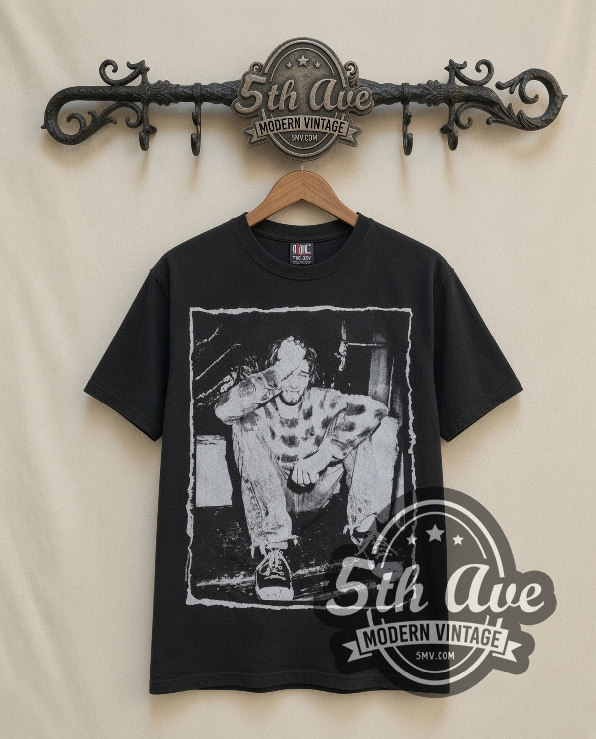 Kurt Cobain Chair vintage band t-shirt in black, front view on a display rack