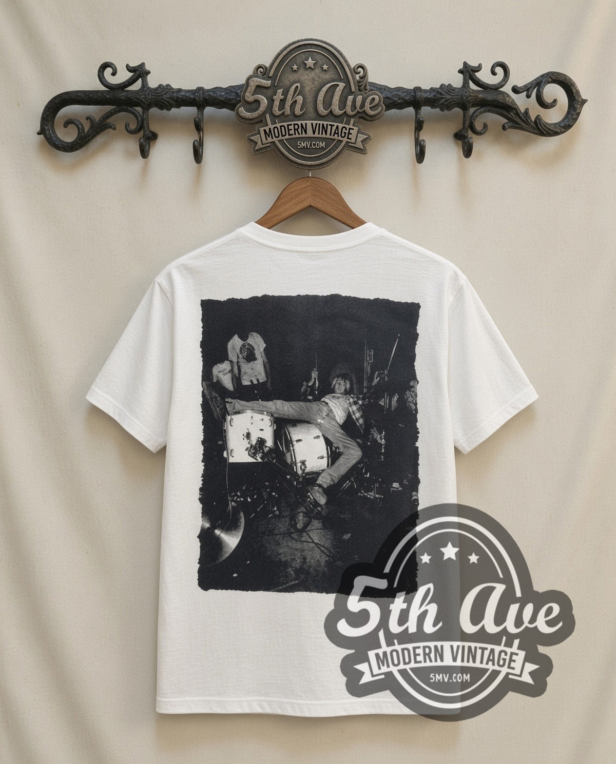 Kurt Cobain Chair vintage band t-shirt in white, back view on a display rack