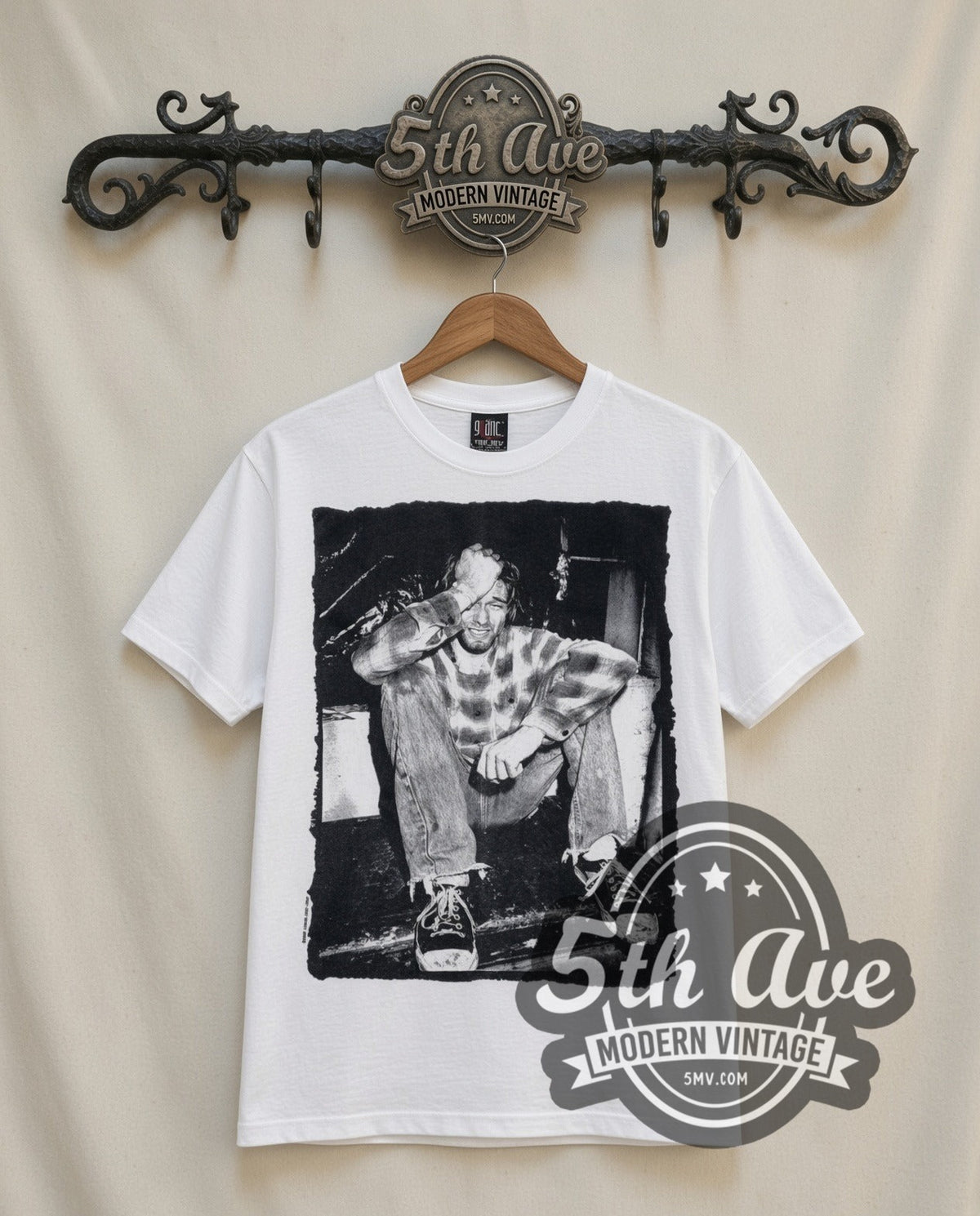 Kurt Cobain Chair vintage band t-shirt in white, front view on a display rack