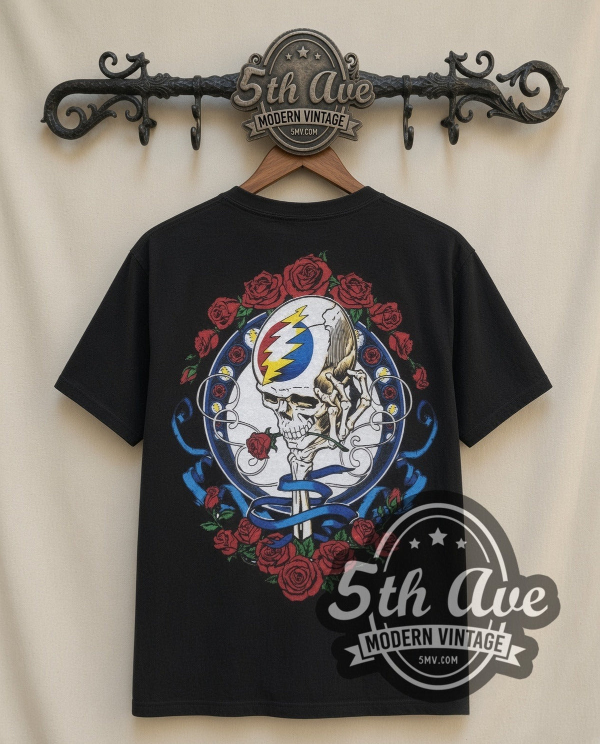 Grateful Dead Skeleton Bertha vintage band t-shirt in black, back view on a display rack
