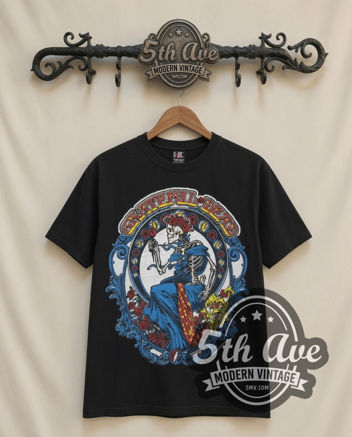 Grateful Dead Skeleton Bertha vintage band t-shirt in black, front view on a display rack