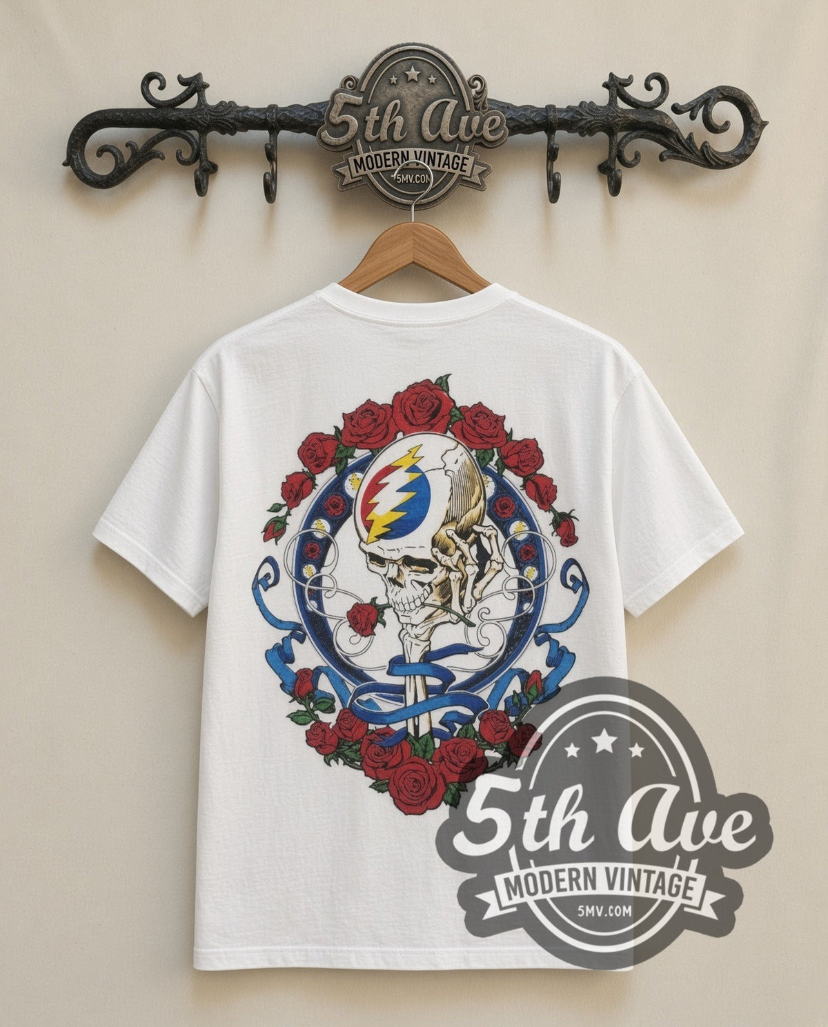 Grateful Dead Skeleton Bertha vintage band t-shirt in white, back view on a display rack