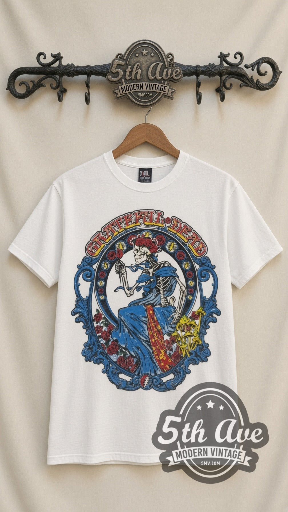 Grateful Dead Skeleton Bertha vintage band t-shirt in white, front view on a display rack