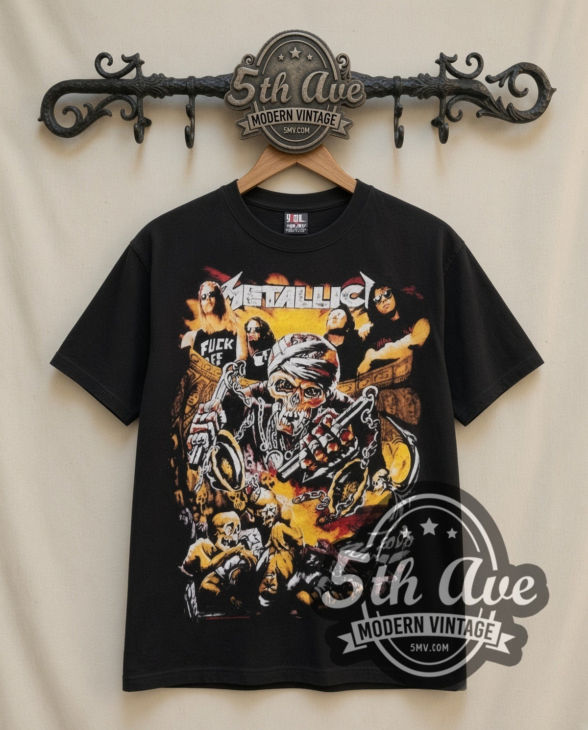 Metallica Skull Biker vintage band t-shirt, front view on the 5MV rack