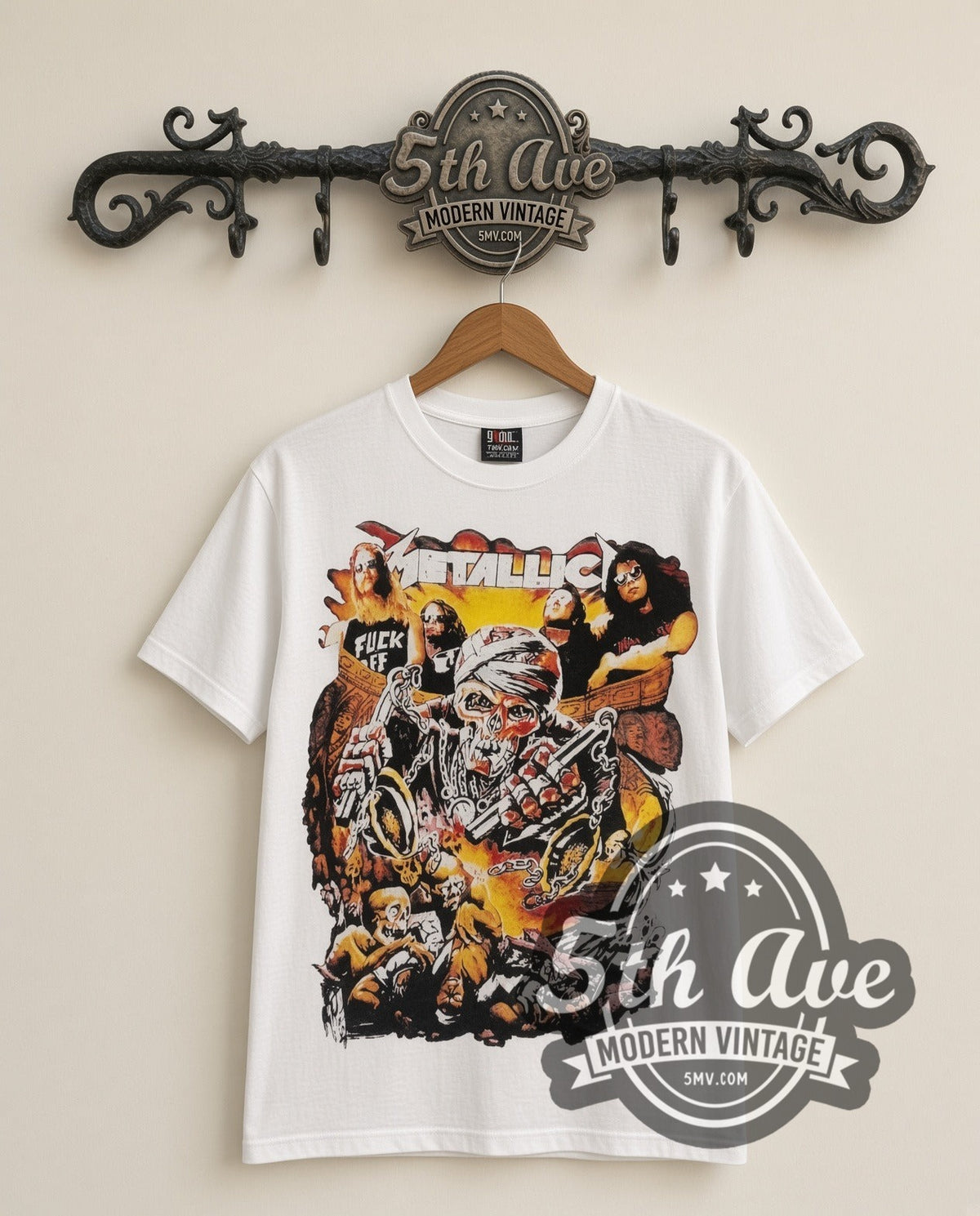 Metallica Biker vintage band t-shirt in white, front view on the 5MV rack