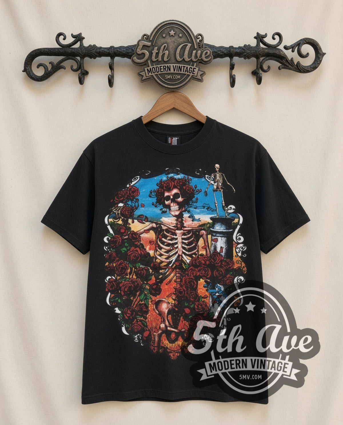 Grateful Dead Skeleton & Roses 30 Years vintage band t-shirt in black, front view on a display rack
