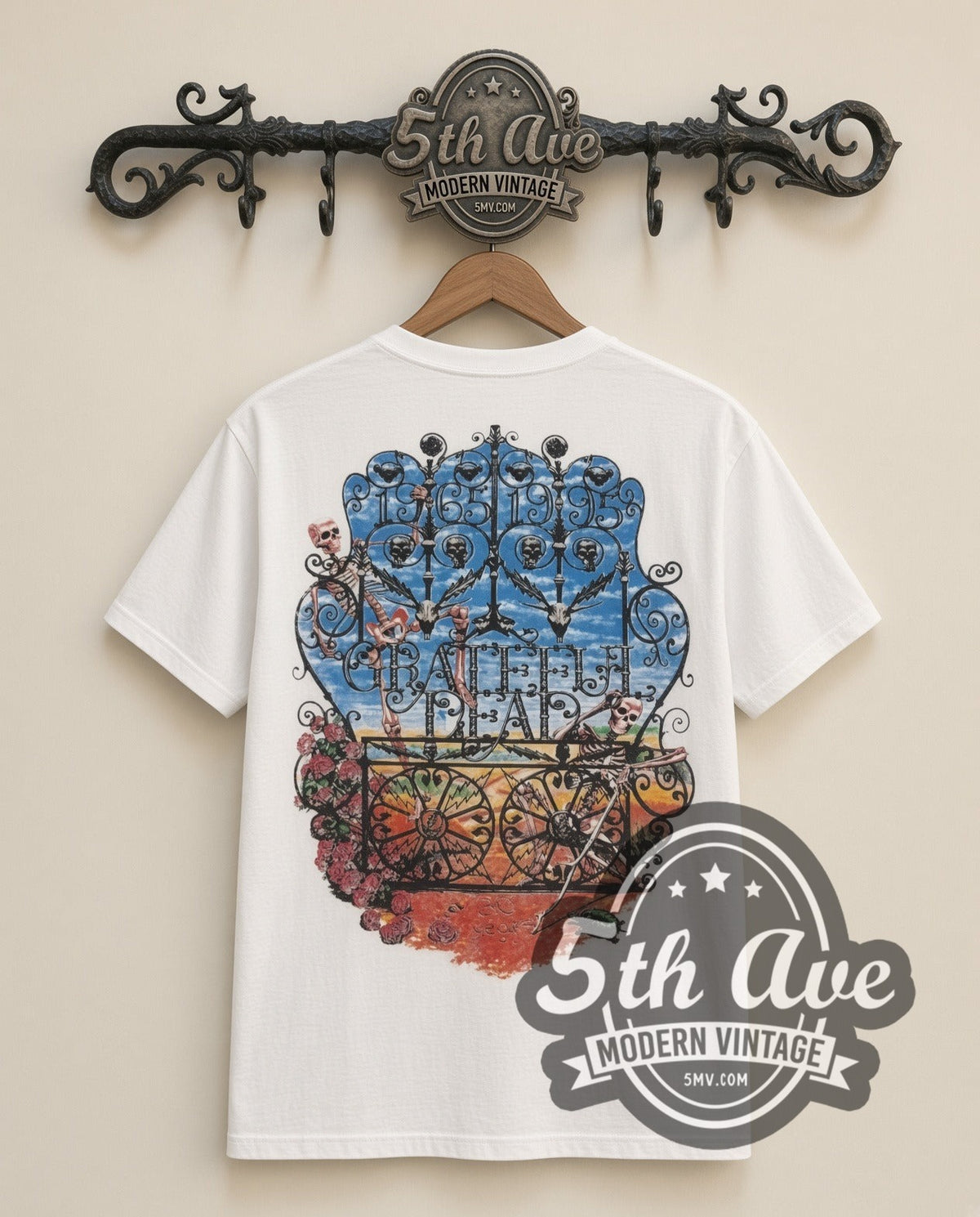 Grateful Dead Rose Skeleton vintage band t-shirt, back view on a display rack