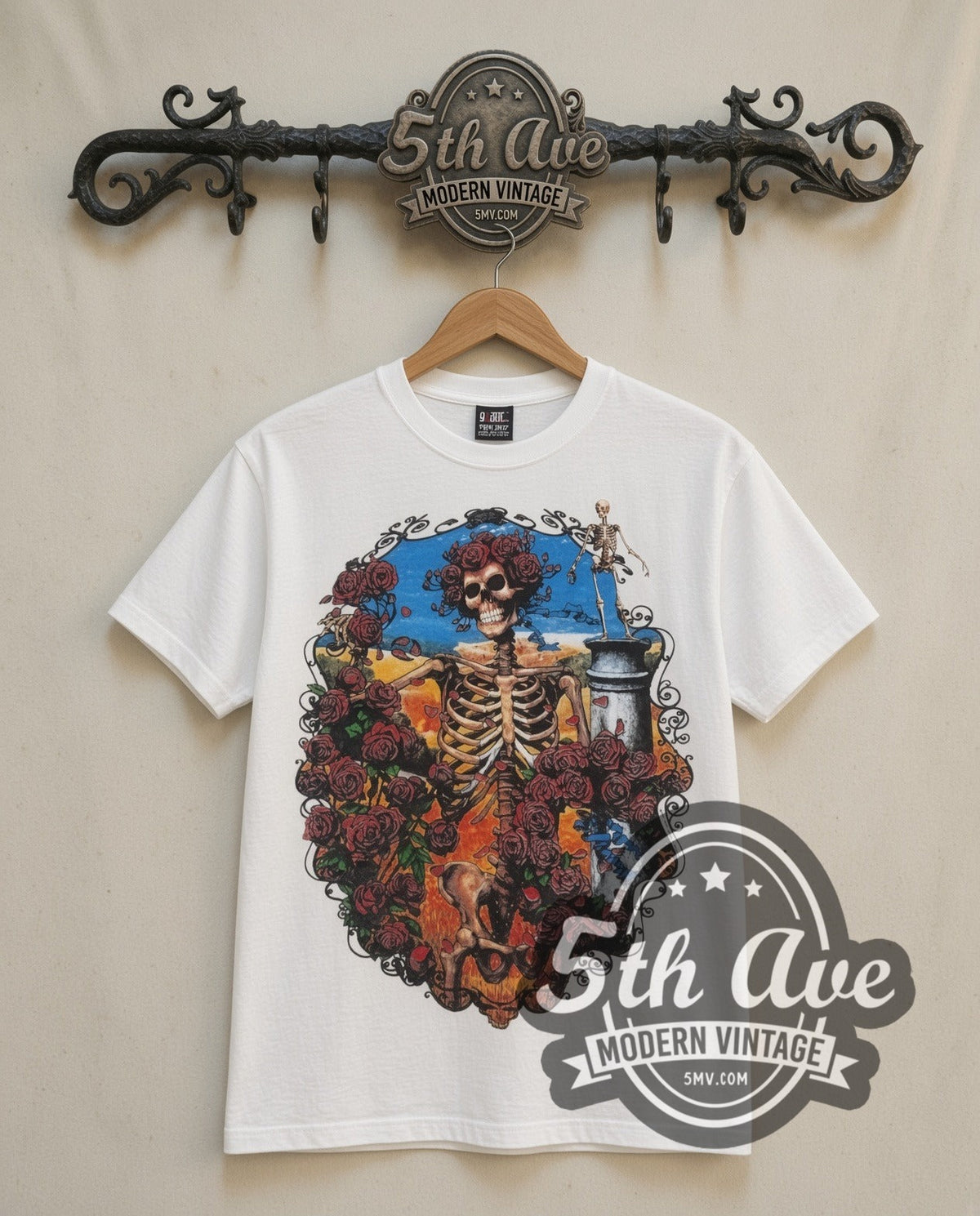Grateful Dead Rose Skeleton vintage band t-shirt, front view on a display rack