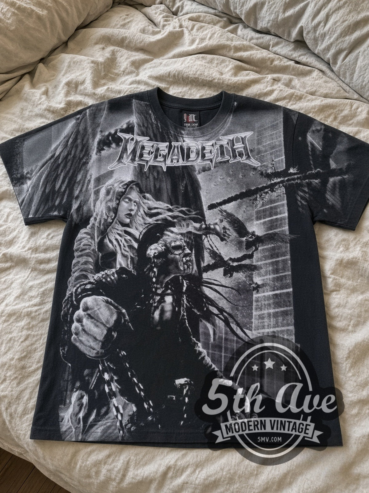 Megadeth Apocalyptic City all-over-print vintage band tee in black laid flat