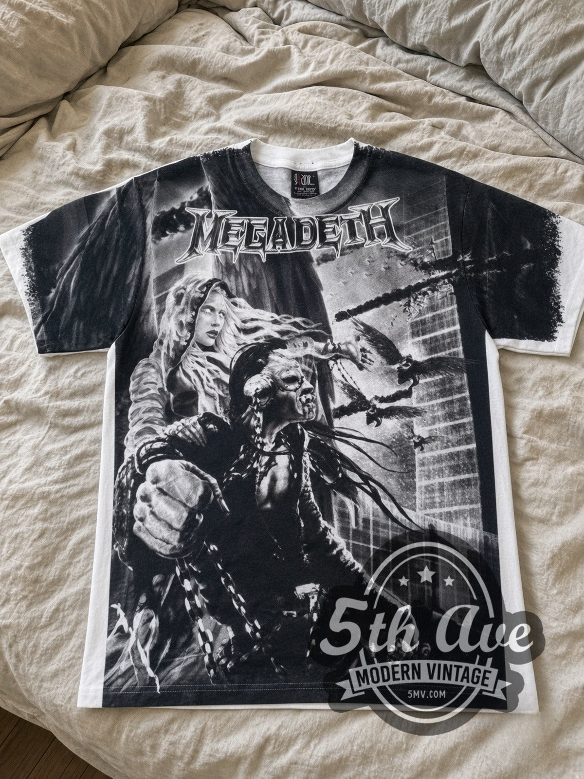 Megadeth Apocalyptic City all-over-print vintage band tee in white laid flat