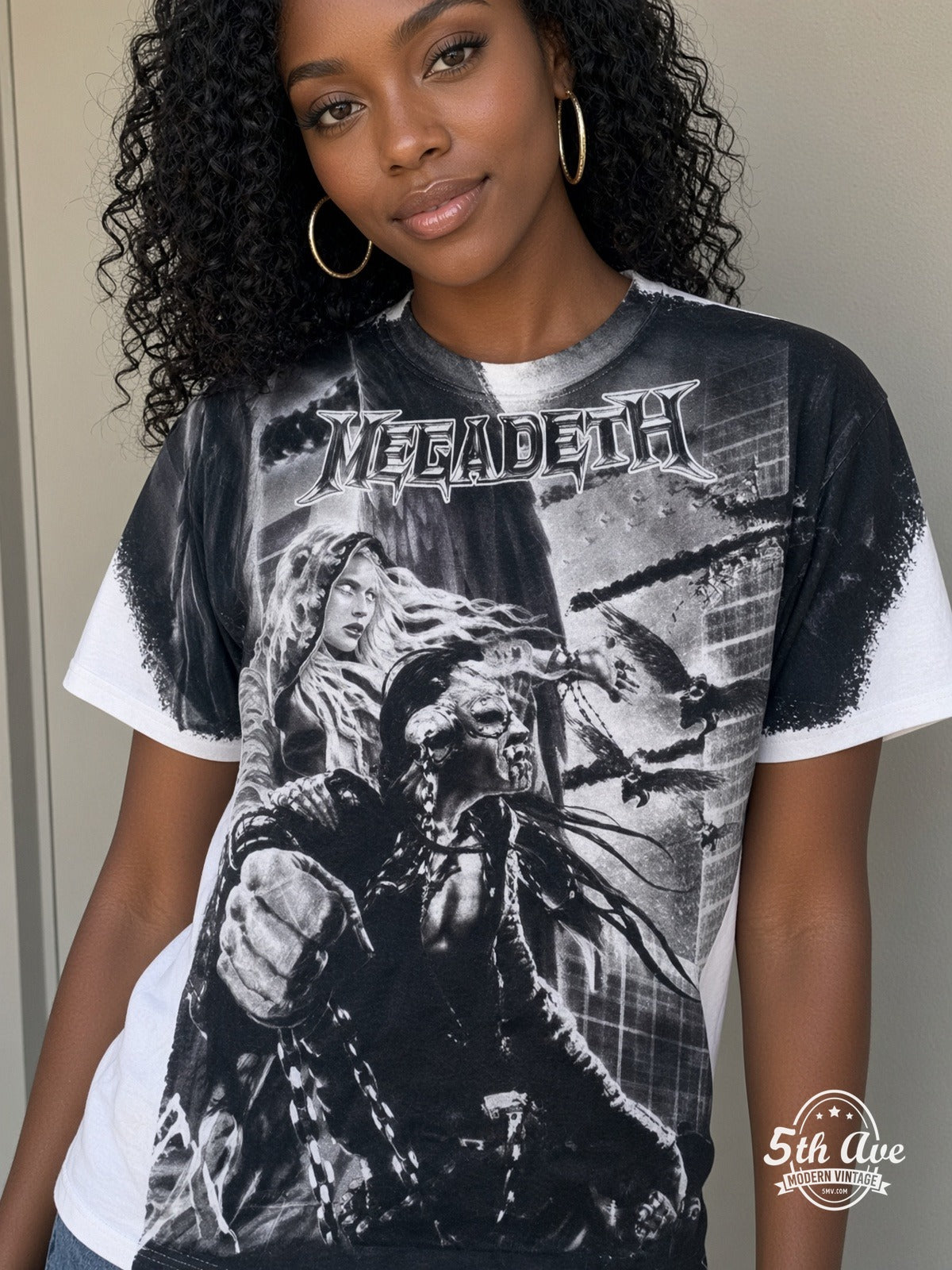 Megadeth Apocalyptic City AOP White all over print vintage tee model wearing