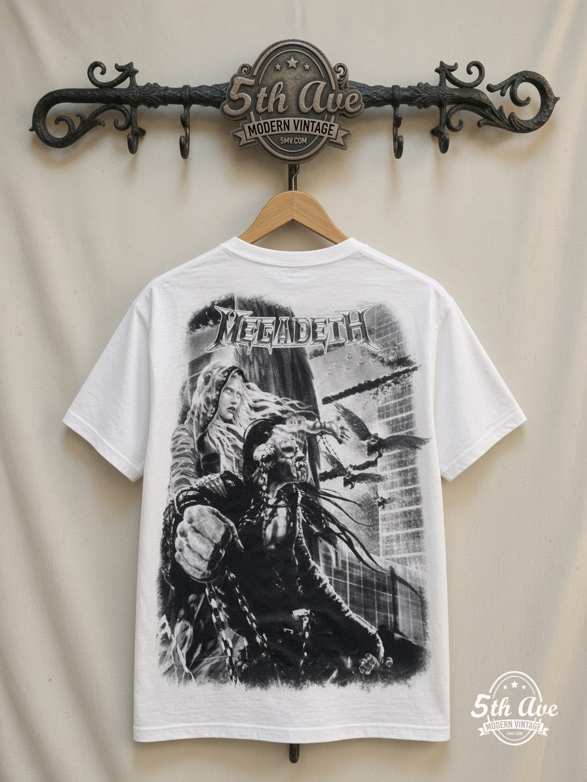 Megadeth Apocalyptic City AOP White all over print vintage tee back on cream 5th Ave rack