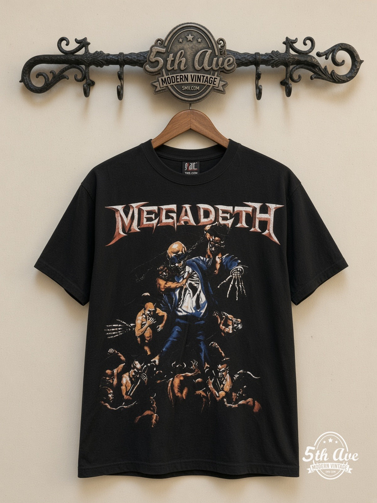 Megadeth Skeleton Apocalypse all over print vintage band t-shirt front on cream 5th Ave rack