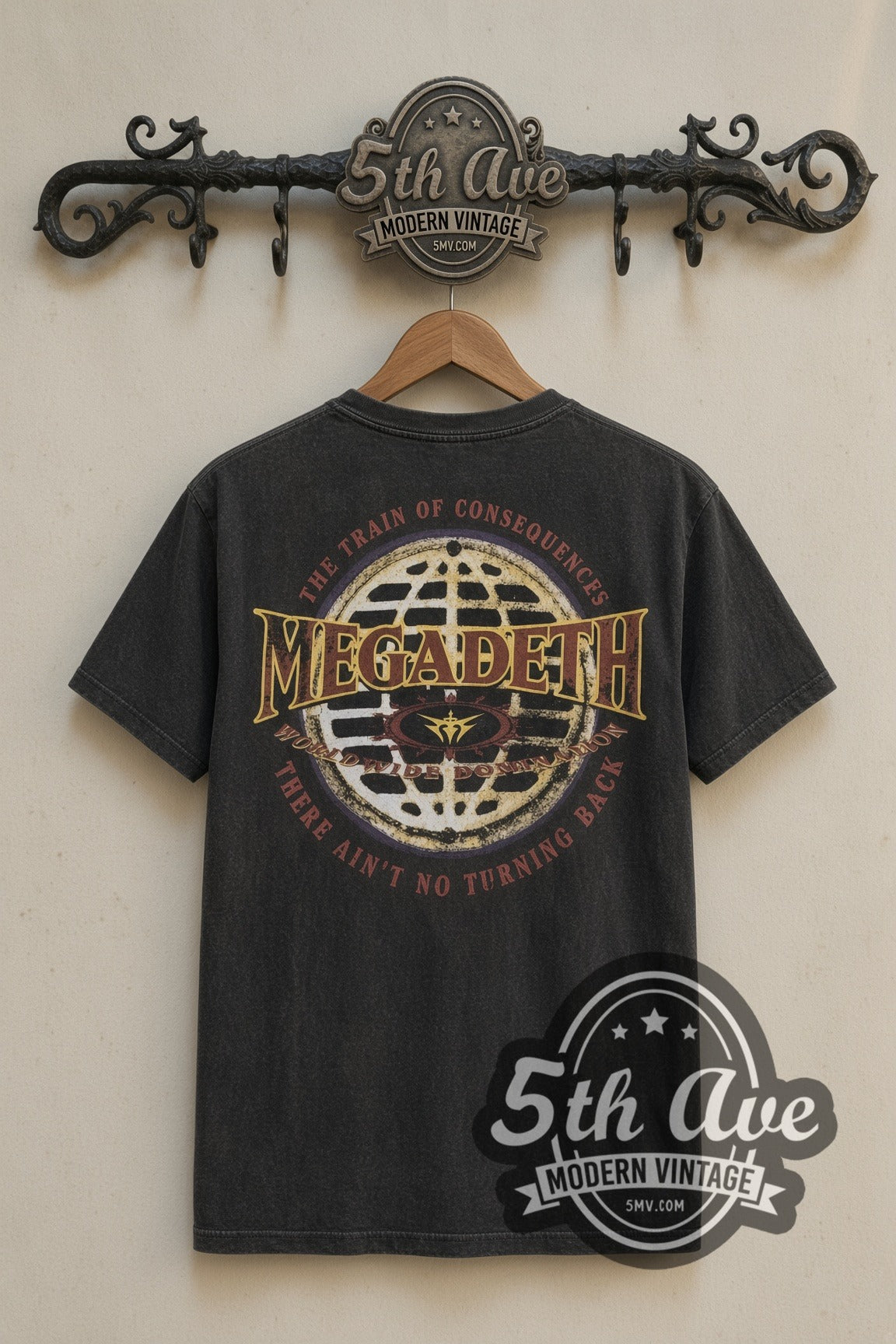Megadeth Train of Consequences Globe band t-shirt in black, back view on a display rack