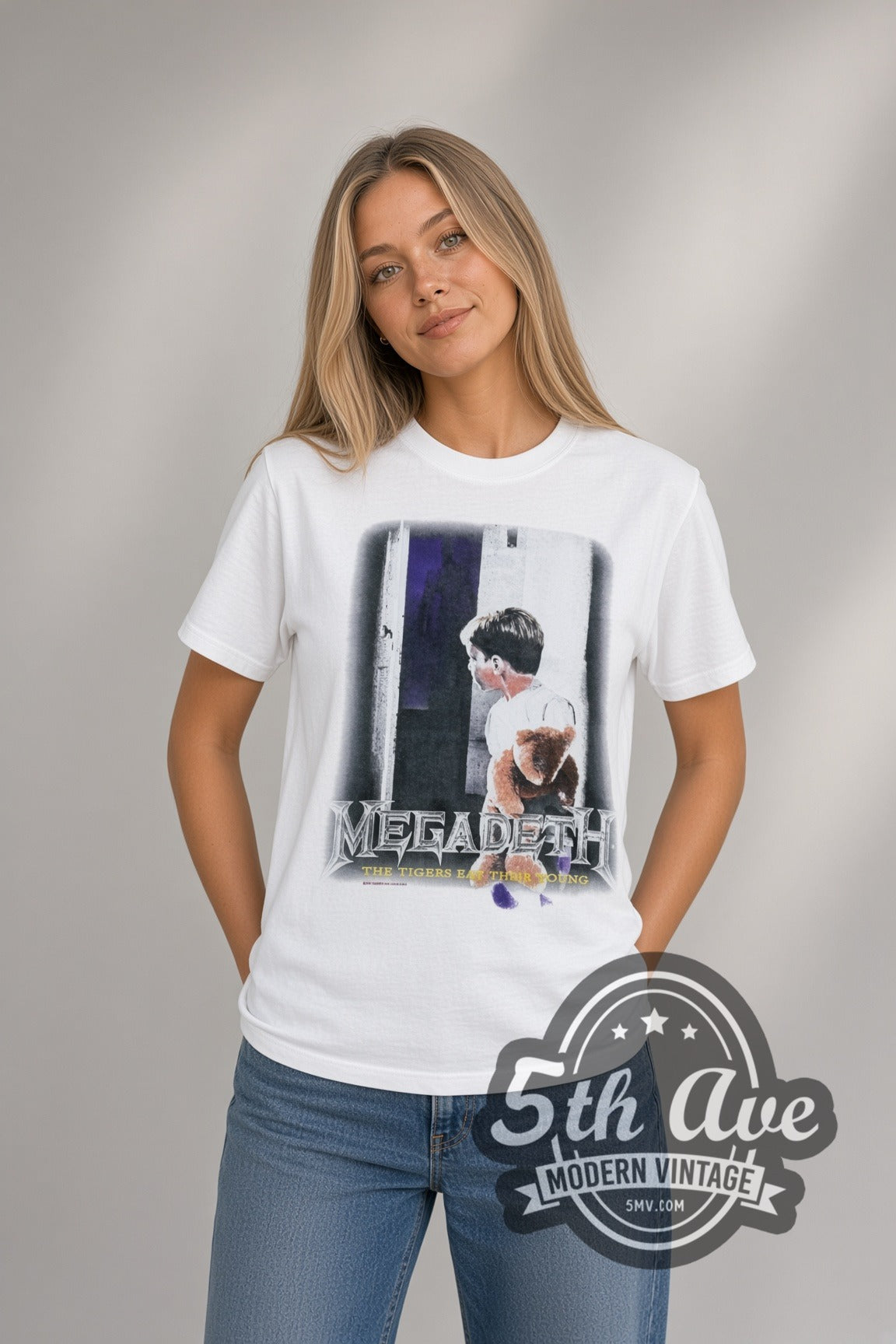 Model wearing the Megadeth Train of Consequences Globe band t-shirt in white