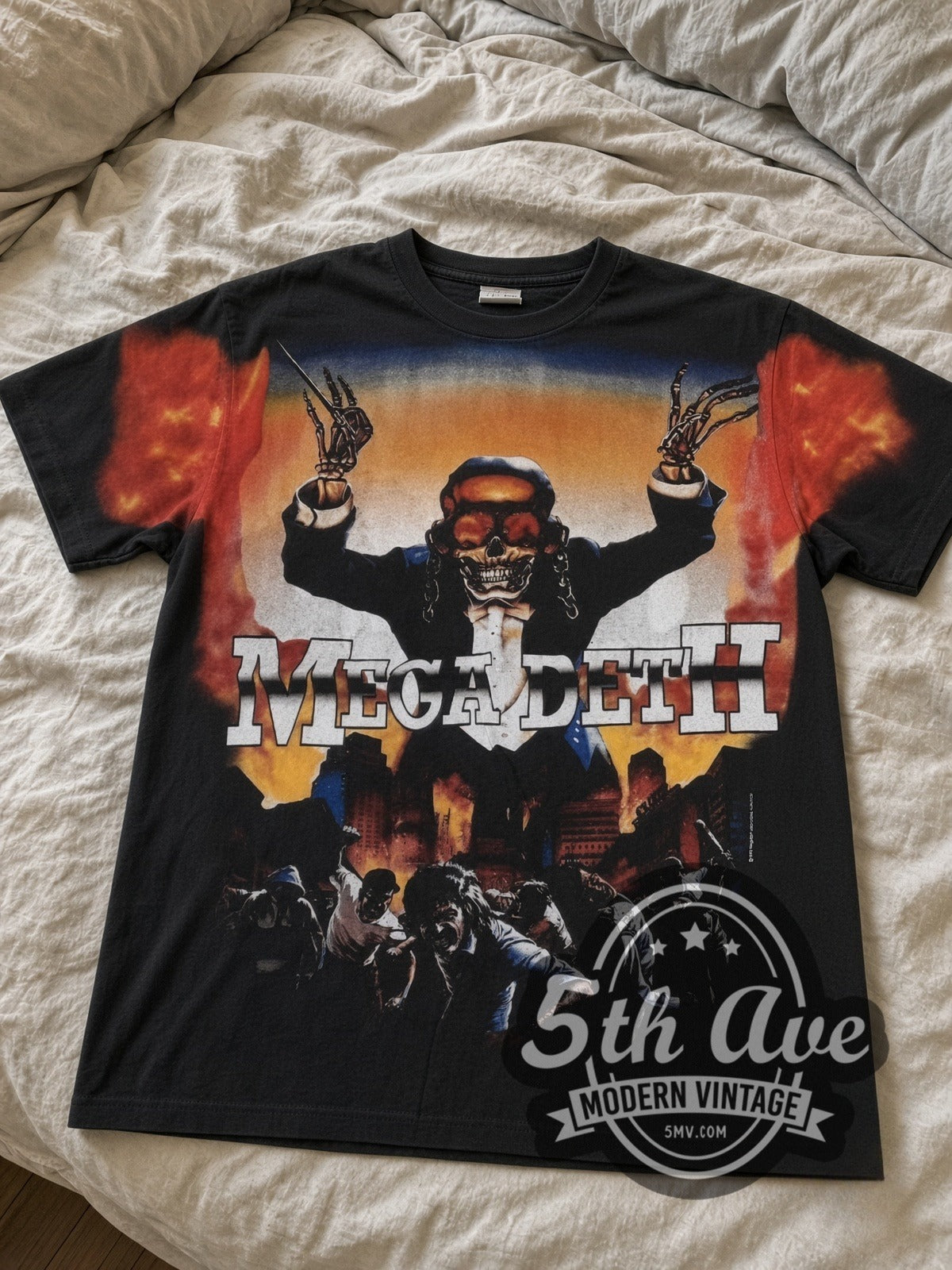 Megadeth Vic Flames Arms Raised all-over-print vintage band tee laid flat
