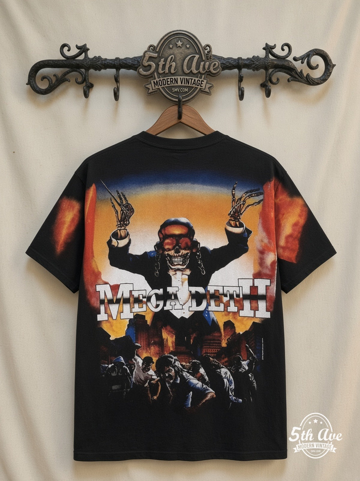Megadeth Vic Flames Arms Raised all over print vintage tee back on cream 5th Ave rack