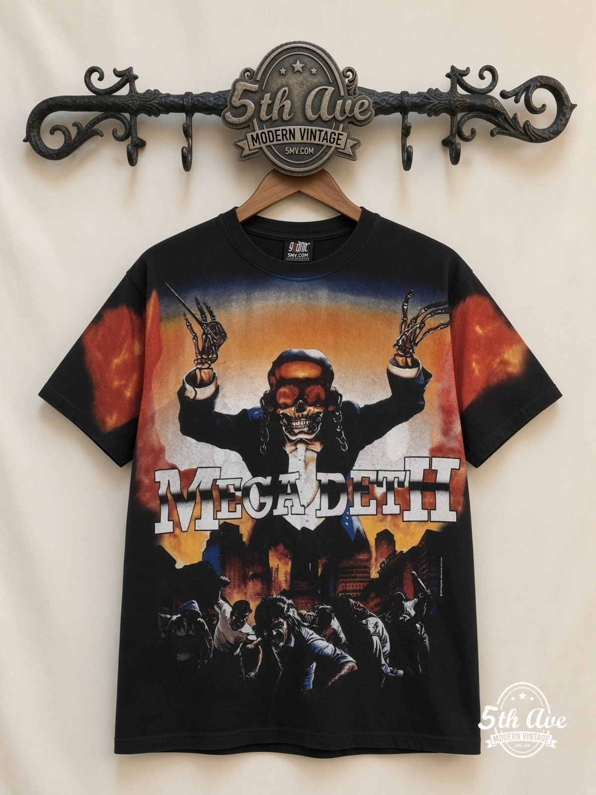Megadeth Vic Flames Arms Raised all over print vintage band t-shirt front on cream 5th Ave rack
