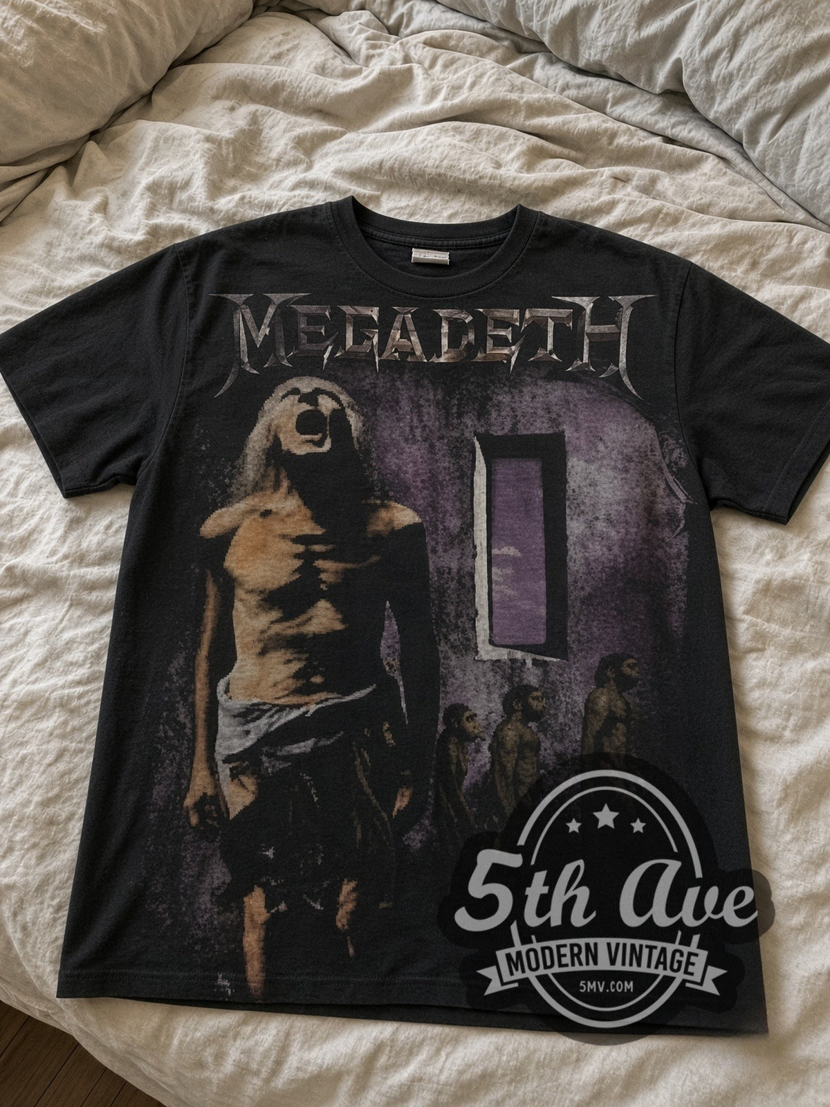 Megadeth Youthanasia all-over-print vintage band tee laid flat