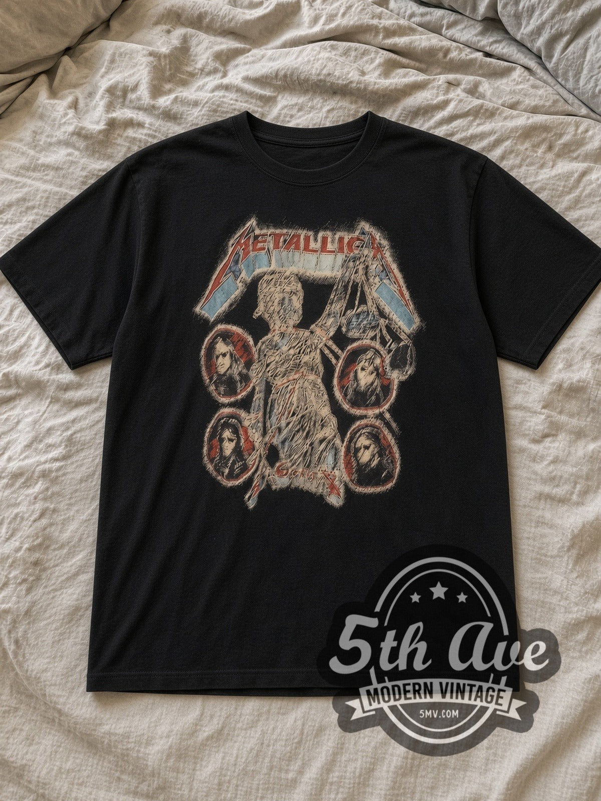 Black Metallica Lady with Scales Members Live Tour Cotton Vintage Band T-Shirt laid flat on a linen bed