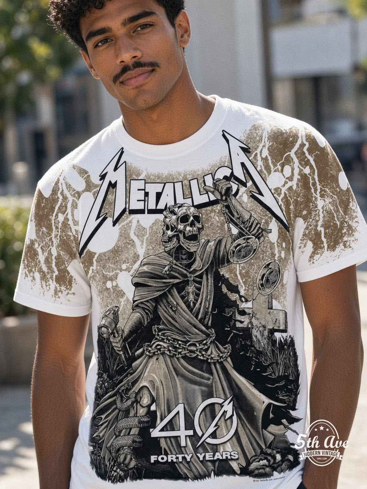 Metallica 40 Years Lady Justice White all over print vintage tee model wearing