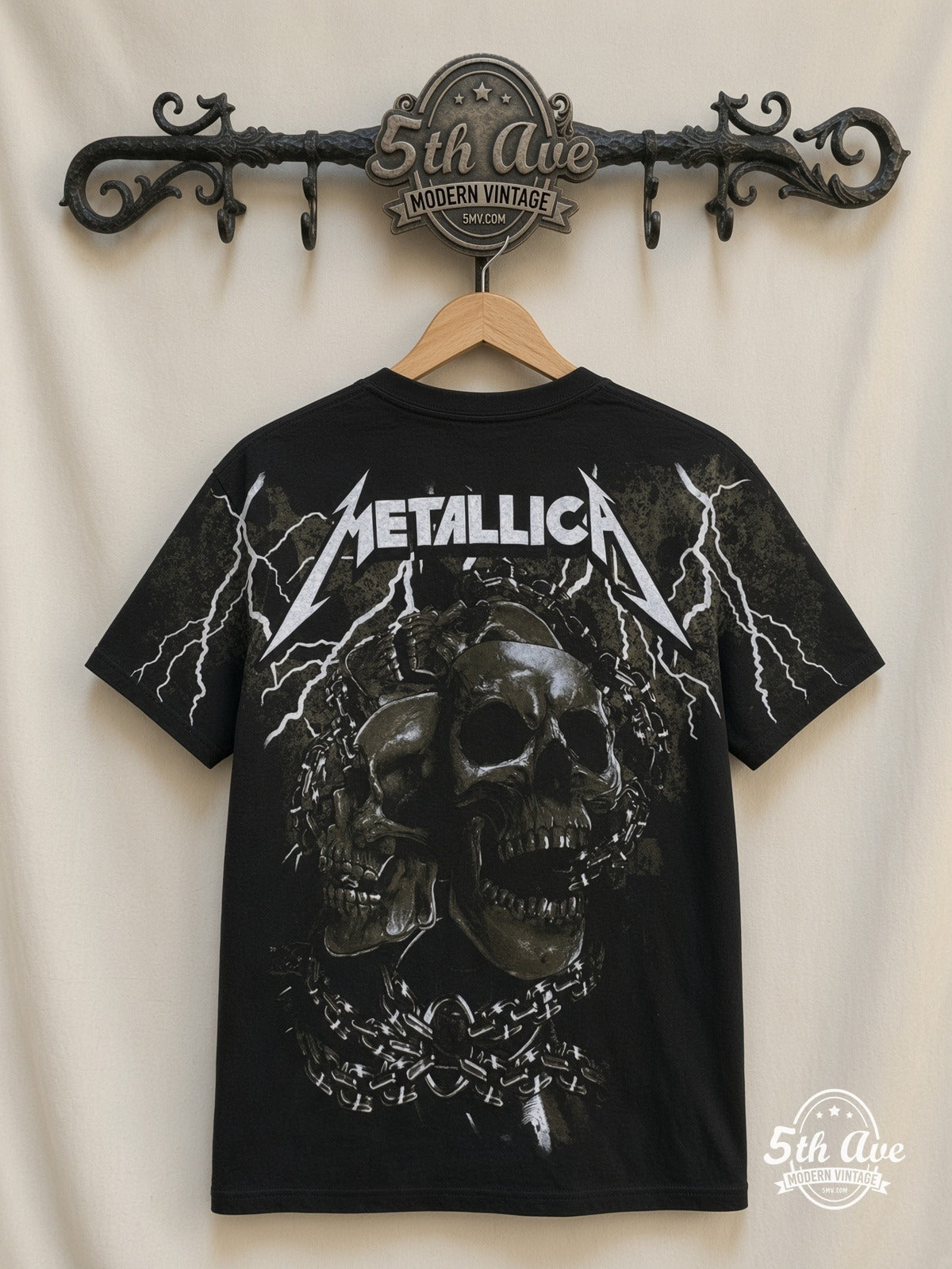 Metallica 40 Years Lady Justice all over print vintage tee back on cream 5th Ave rack