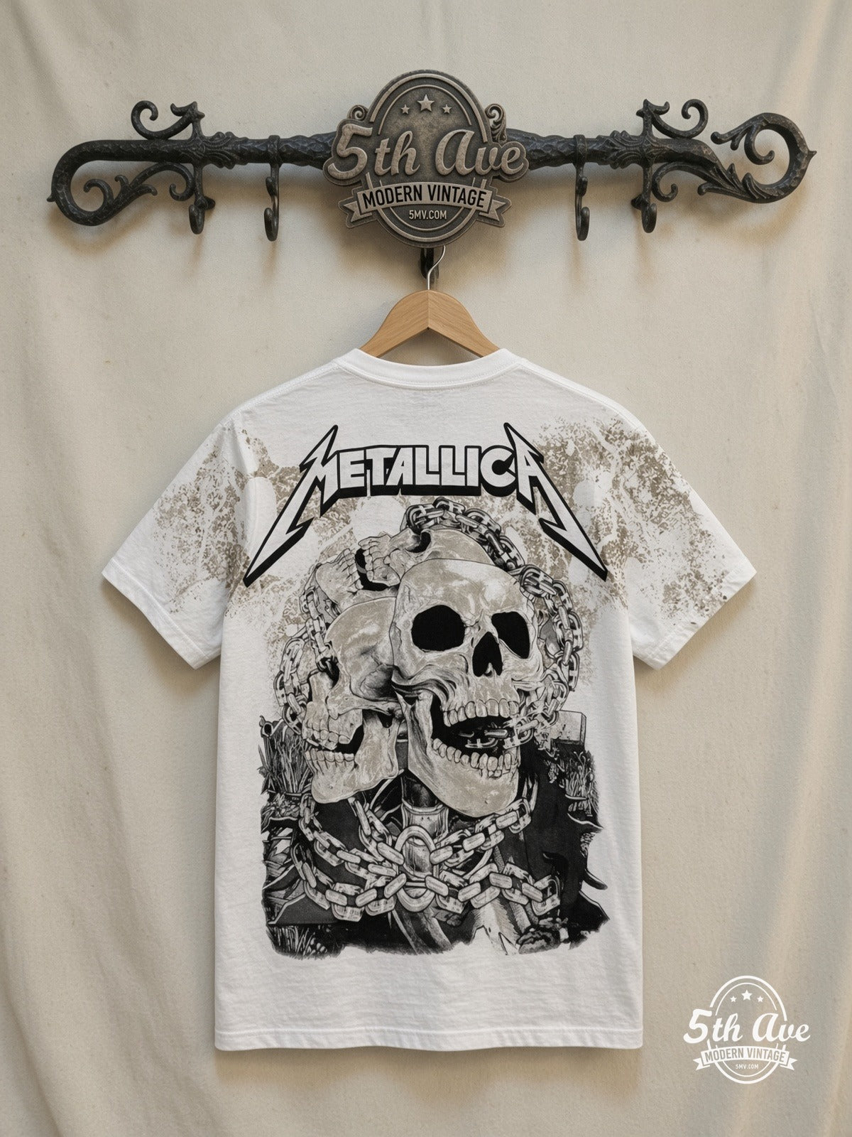 Metallica 40 Years Lady Justice White all over print vintage tee back on cream 5th Ave rack