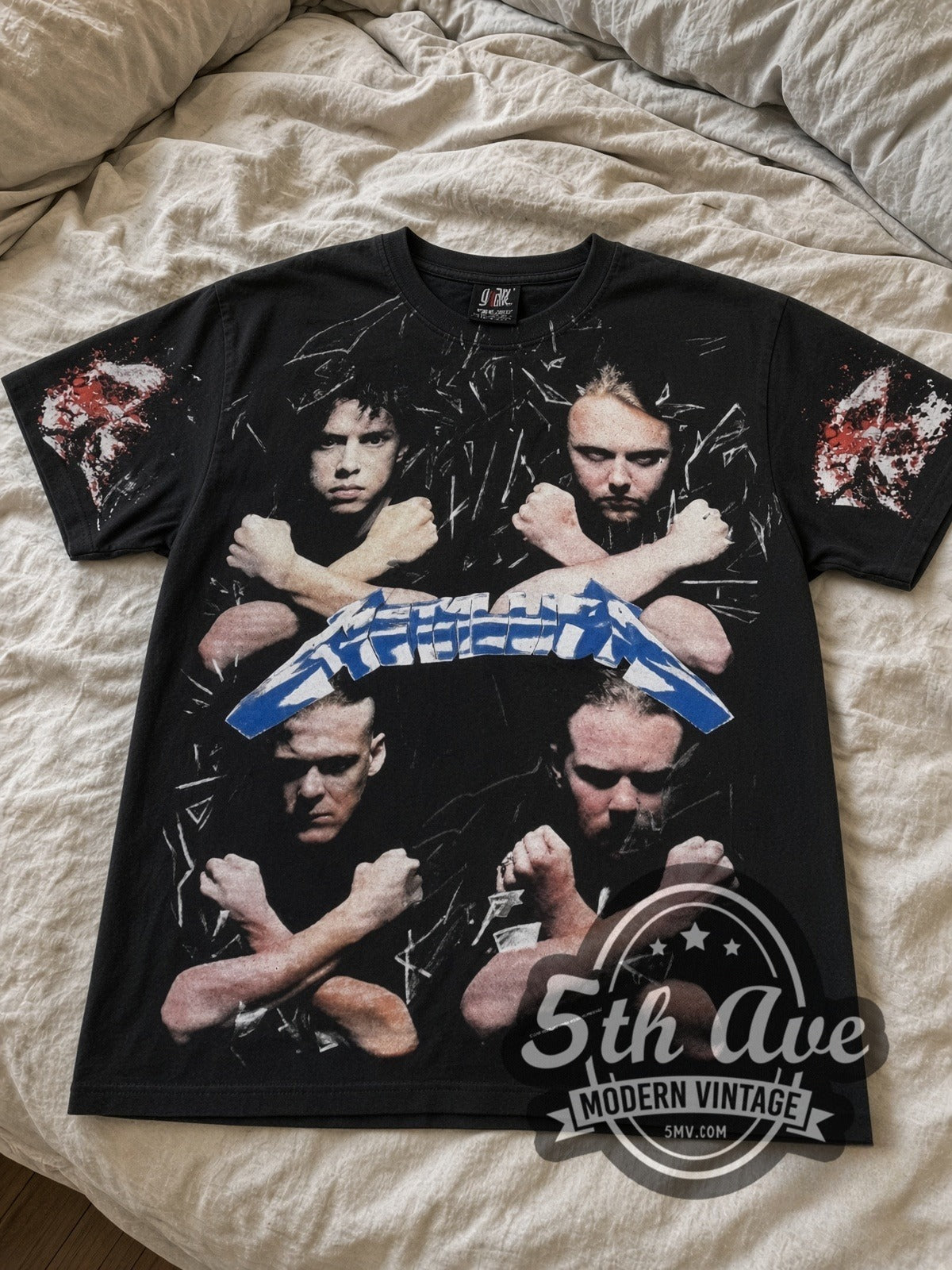 Metallica Band Portraits Skulls all-over-print vintage band tee laid flat